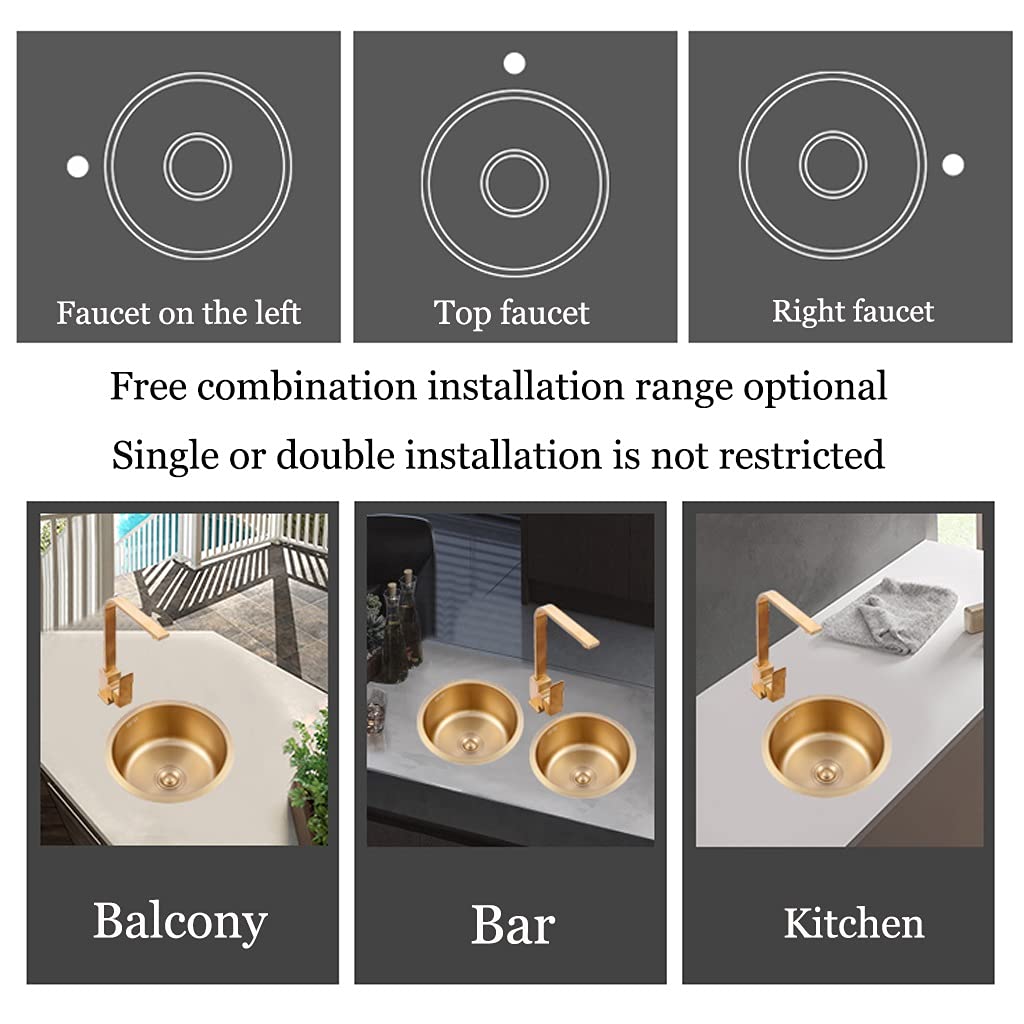 304 Stainless Steel Single Bowl Kitchen Sink with Tap - Gold Round Bar Counter Sink (32×19cm) for Modern Kitchens