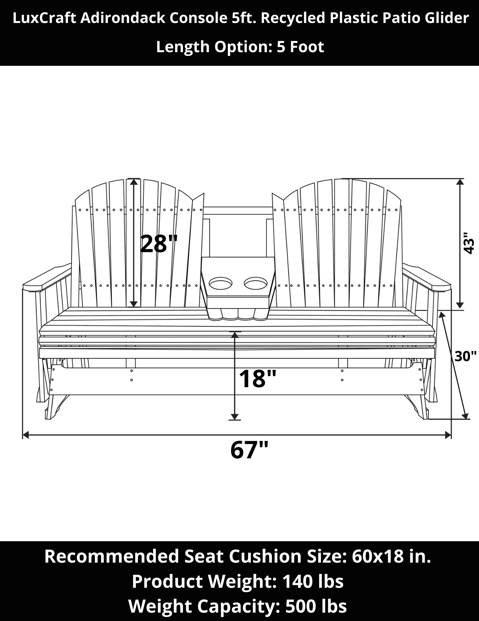LuxCraft 5ft Adirondack Console Recycled Plastic Patio Glider - Outdoor Furniture for Garden, Deck, and Backyard Relaxation