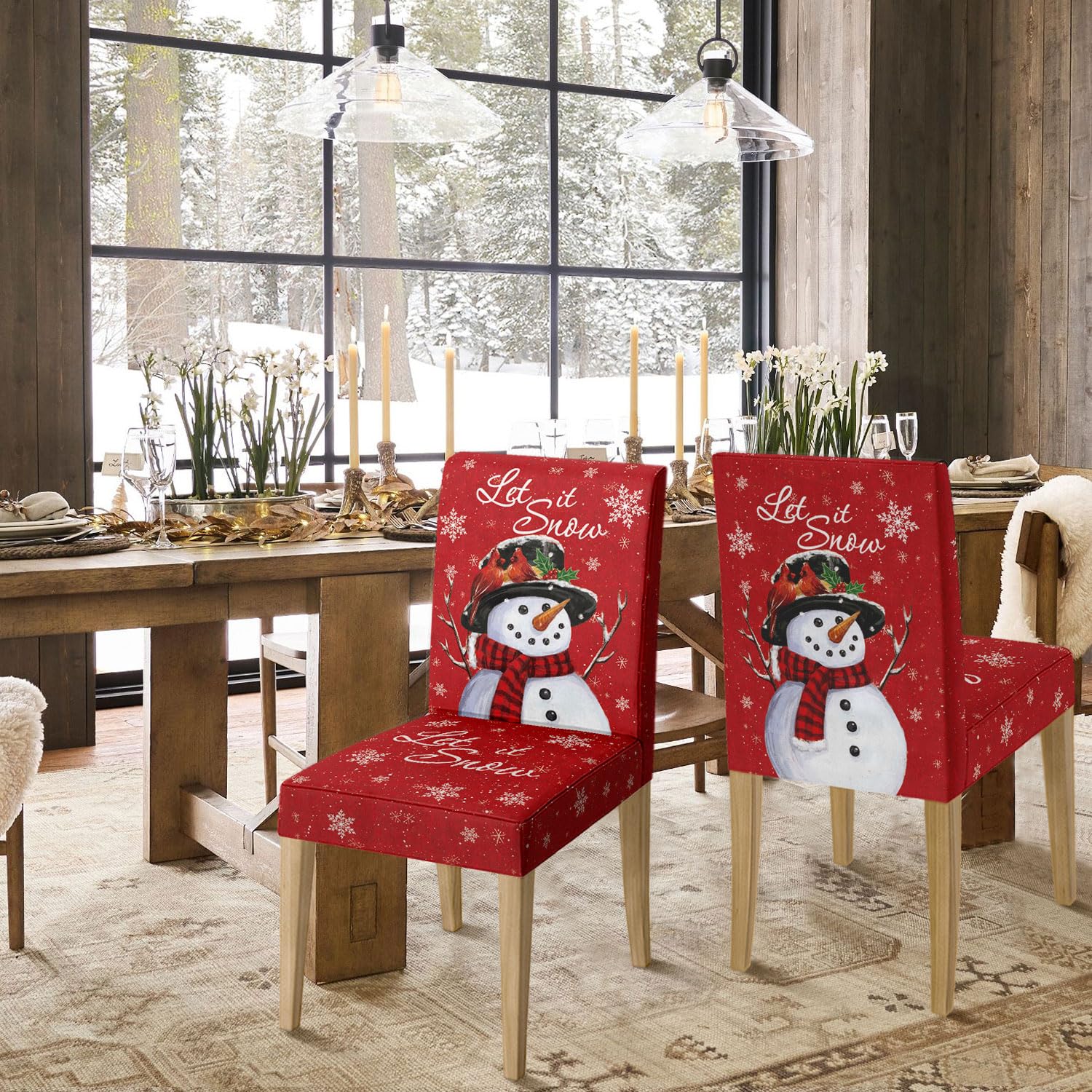 Horaldaily 4PCS Christmas Dining Chair Covers - Red Snowman Let It Snow Stretchable Washable Slipcovers for Dining Room & Home Decor | Perfect for Holiday Parties, Family Gatherings & Festive Home Styling