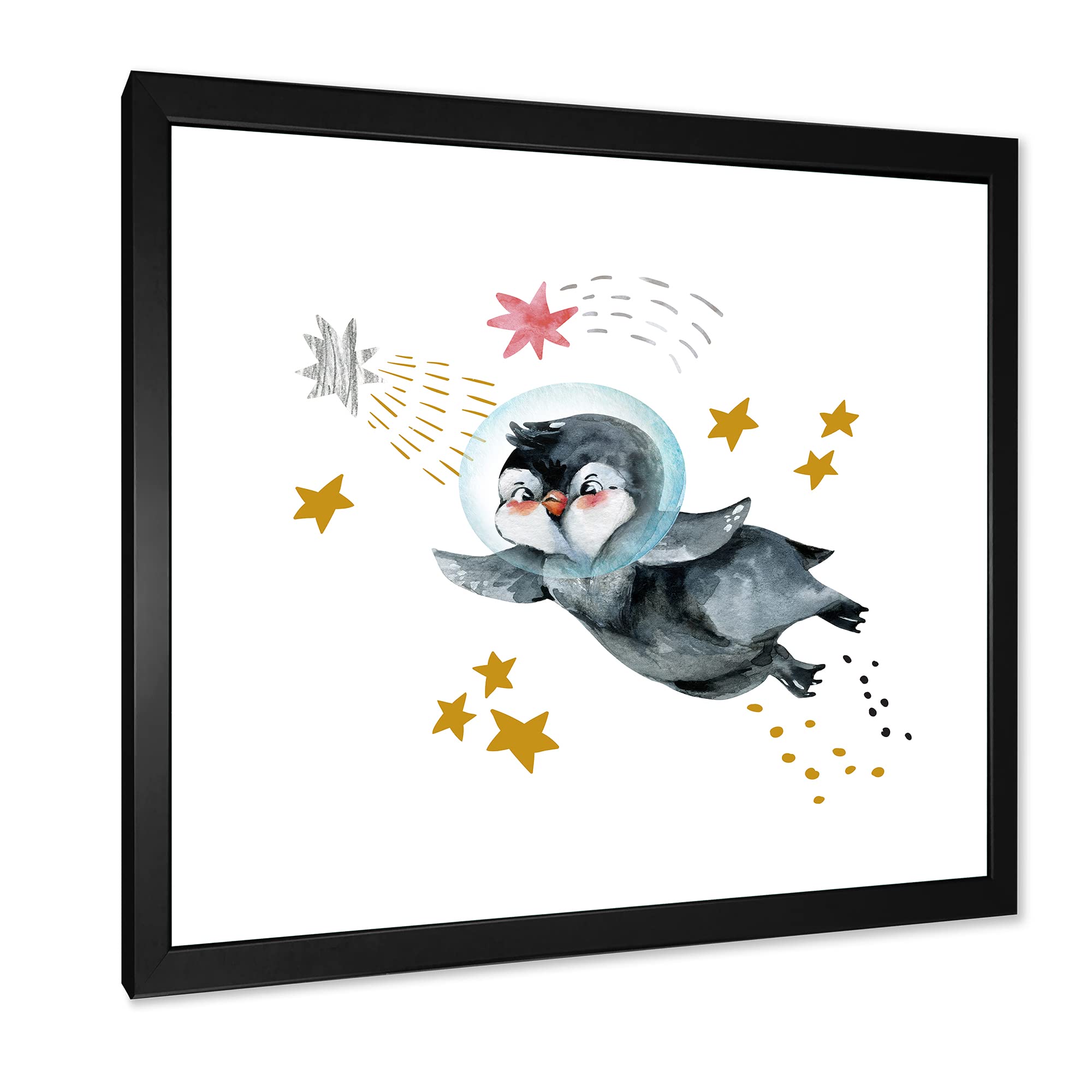 DesignQ Little Penguin Flying Stars and Planets Farmhouse Framed Wall Art - Nursery Decor, Kids Room Wall Art, Living Room Decoration