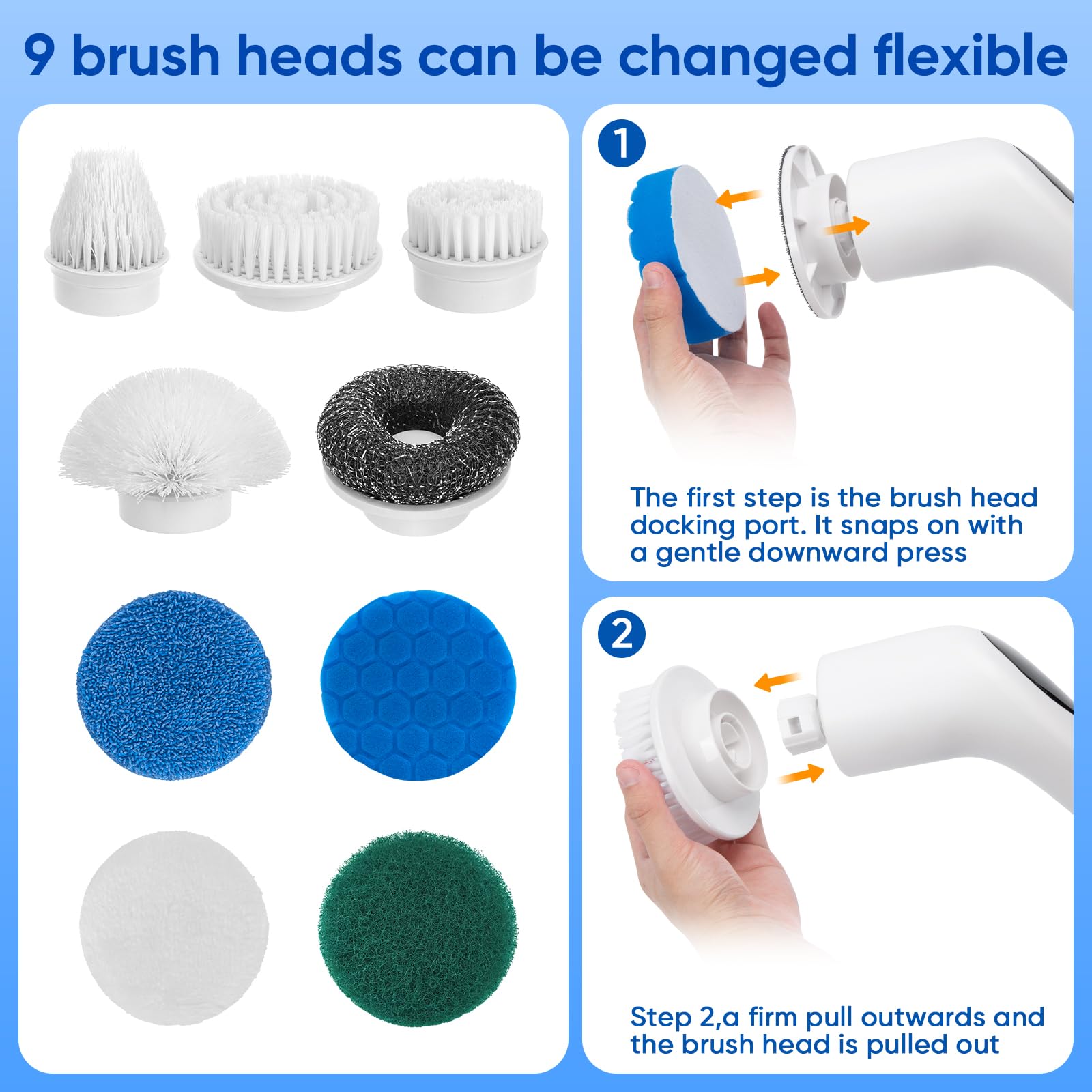 9-in-1 Electric Spin Scrubber with Replaceable Brush Heads - Universal Cleaning Brush Set for All Brands - Bathroom Shower Scrubber & Floor Tile Cleaner - Perfect for Deep Cleaning Tubs, Showers, Sinks, and Grout Lines