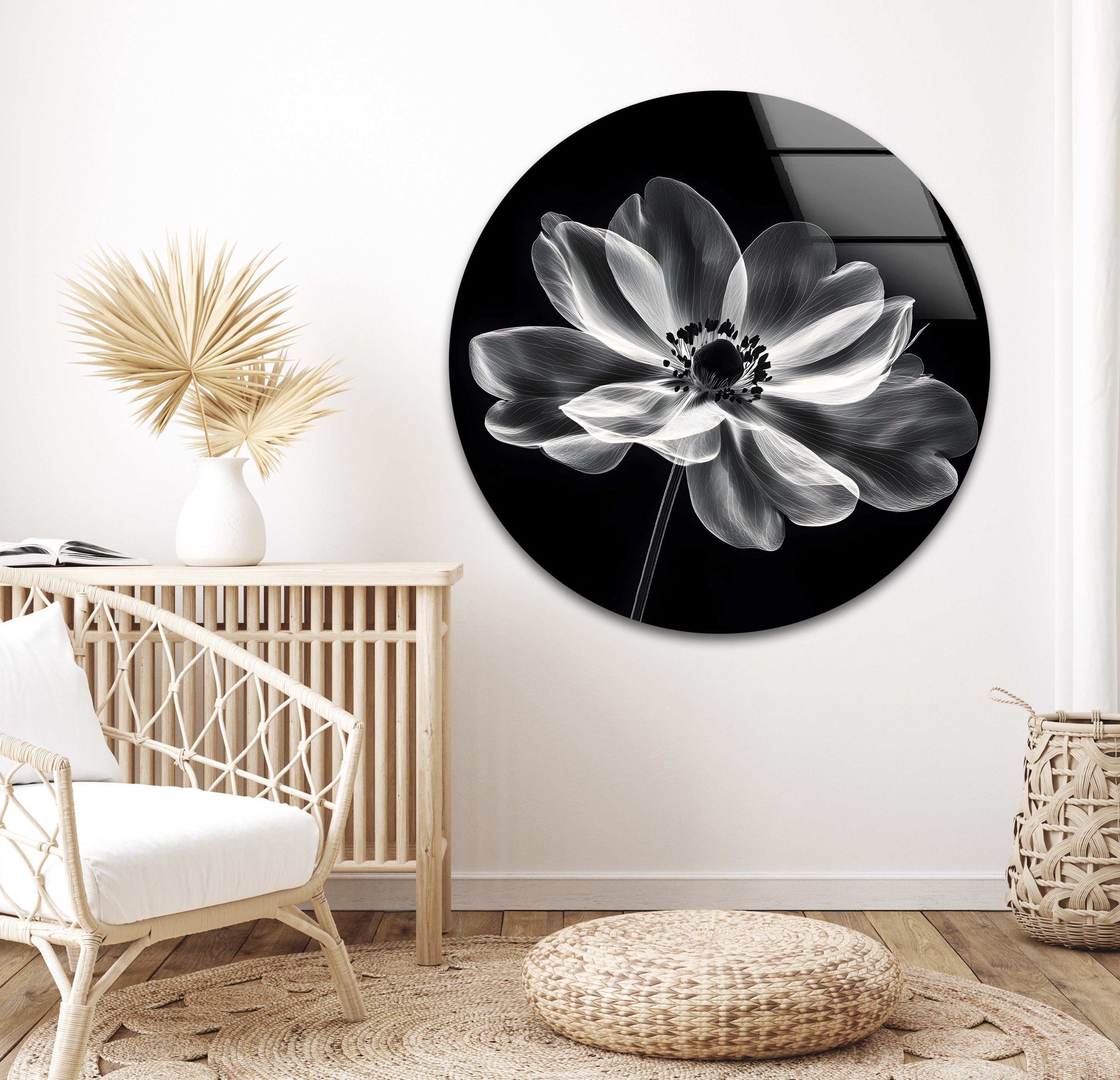 Black and White Floral Wall Art - Elegant Glass Canvas Print for Home & Office Decor | Perfect for Living Room, Bedroom, or Office Wall Decor