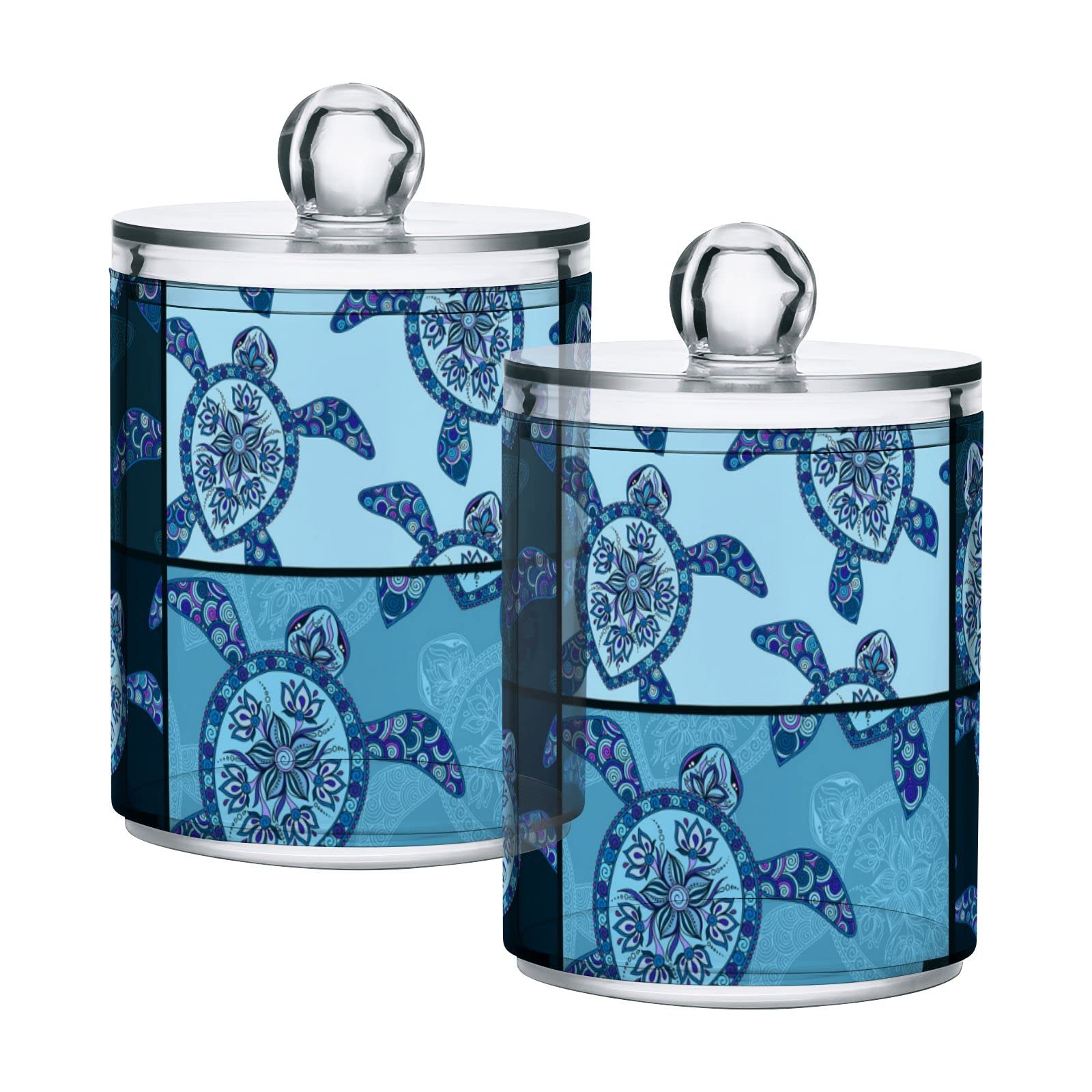 Tribal Seam Turtles Ethnic Blue Pattern Plastic Storage Jars with Lids - Set of 4 (10 oz) Translucent Food Containers for Cotton Swabs, Tea, Cookies, Spices | Perfect for Kitchen, Bathroom & Pantry Organization