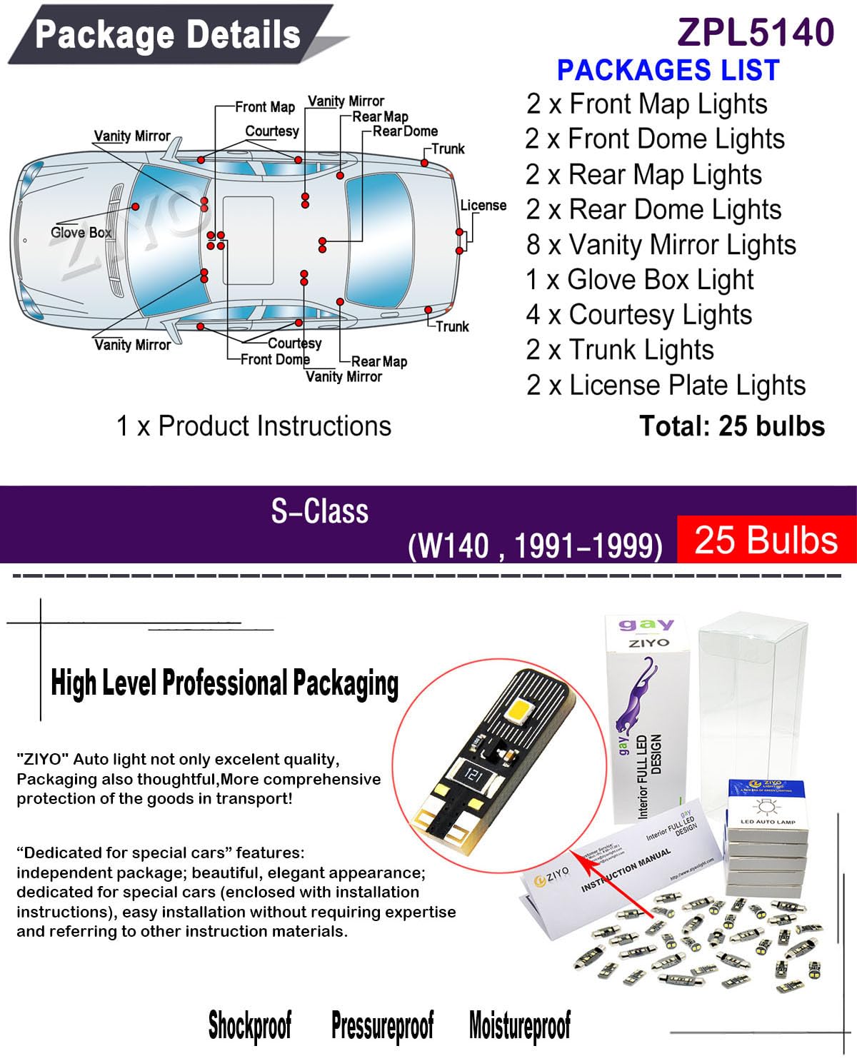ZIYO ZPL5140 - 25pcs 6000K Xenon White LED Interior Light Bulbs Kit for Mercedes Benz S Class W140 (1991-1999) - Error Free Dome Light Upgrade - Perfect for Night Driving & Interior Lighting Enhancement