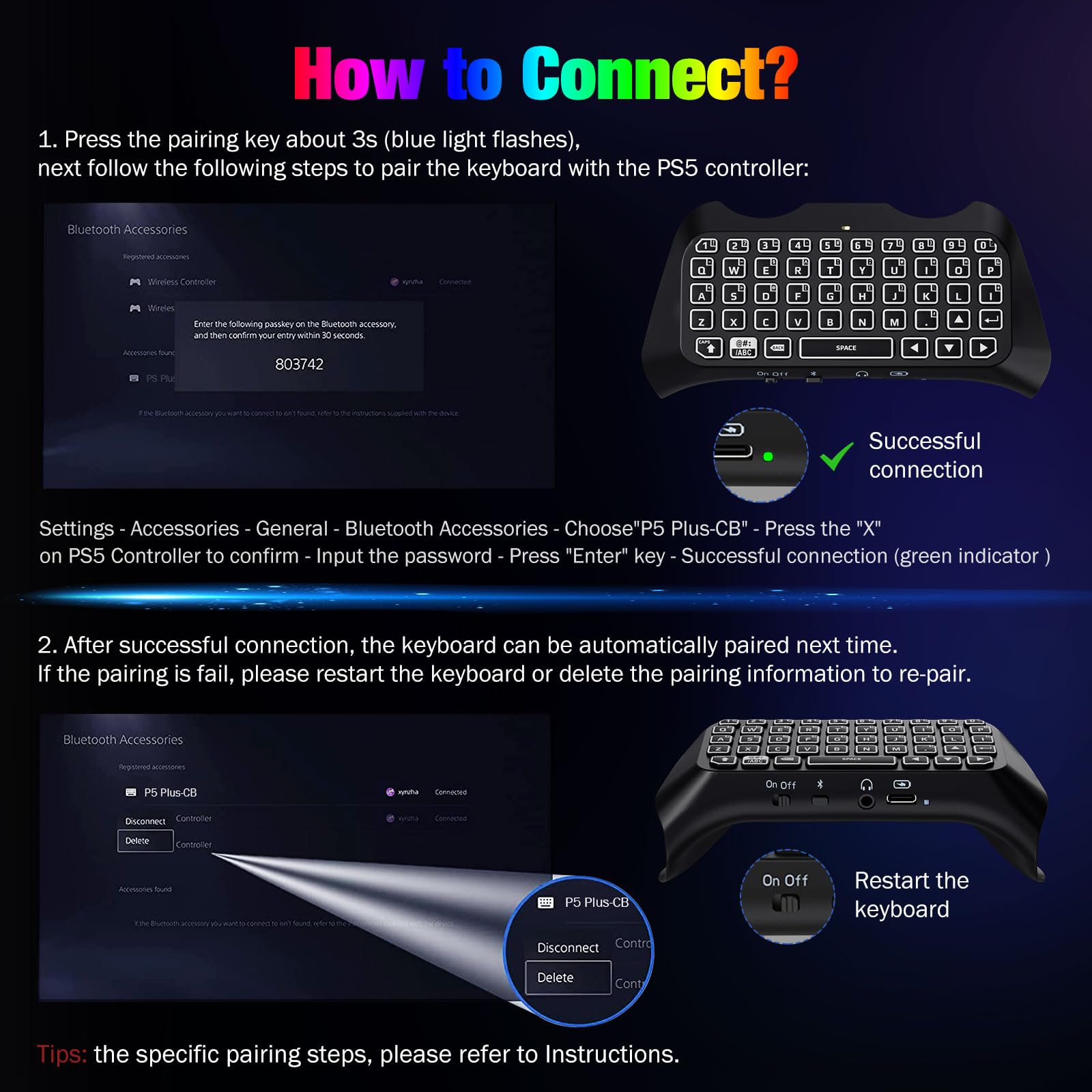 MoKo RGB Backlit Wireless Bluetooth Keyboard for PS5 Controller - Mini Gamepad Chatpad with Upgraded Built-in Speaker & 3.5mm Audio Jack | Perfect for Gaming, Streaming & Voice Chat on Playstation 5