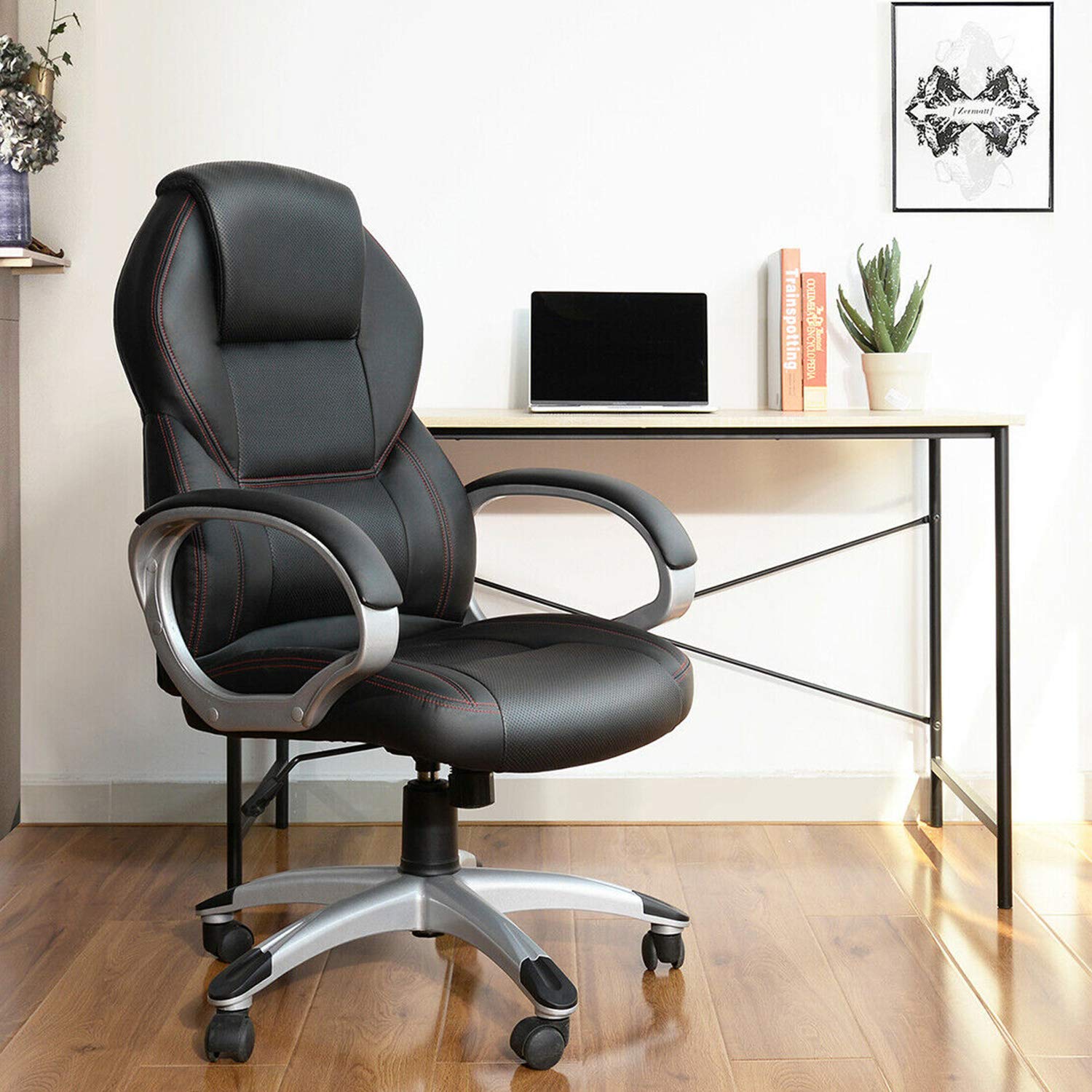 Premium Black Modern High-Back Executive Office Chair with Red Stitching - Ergonomic Swivel Desk Chair with Caster Wheels & Adjustable Height (26.18
