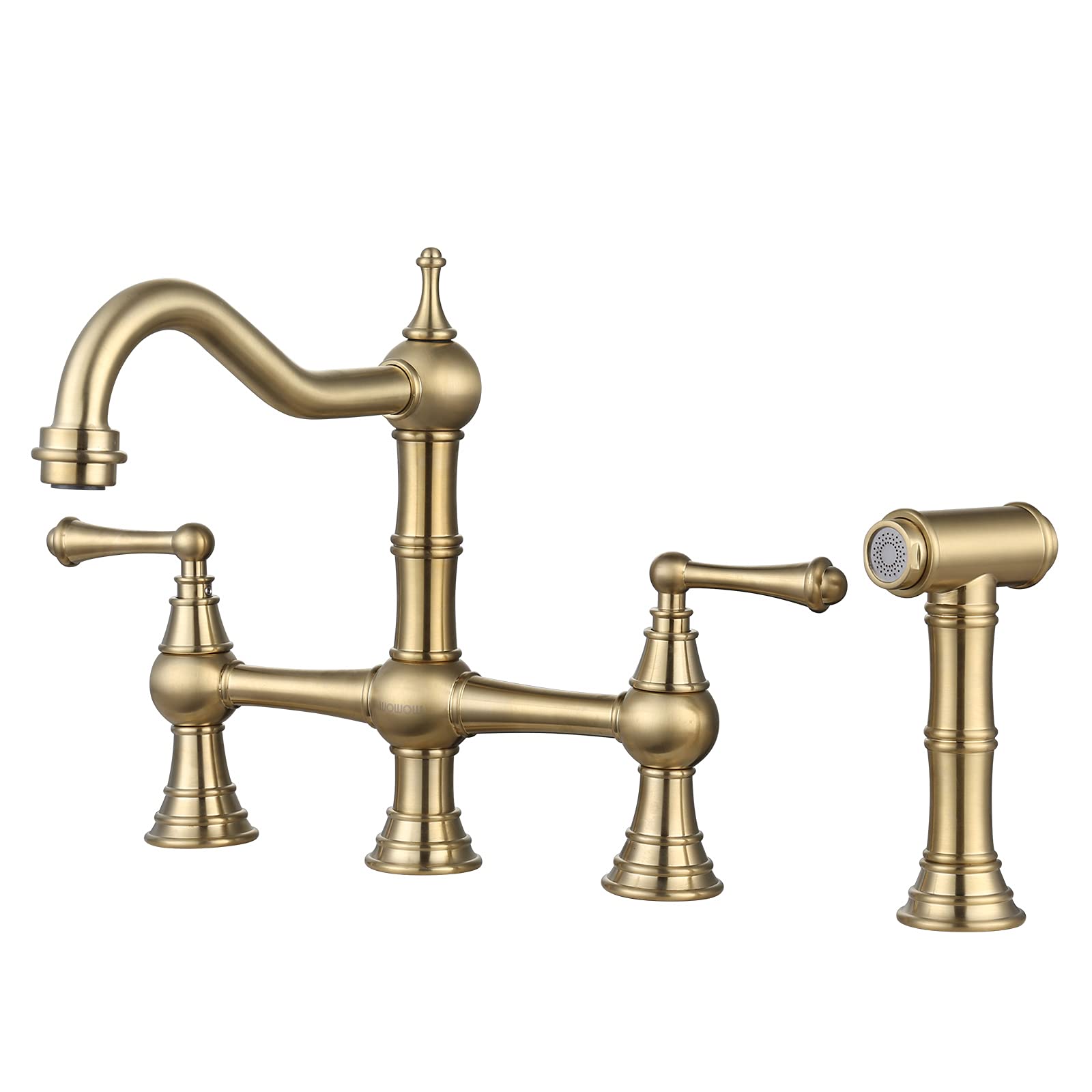 WOWOW Brass 4-Hole Kitchen Faucet with Side Sprayer - 2-Handle 8-Inch Centerset in Heritage Brushed Gold - Perfect for Modern Farmhouse & Vintage Style Kitchen Sinks