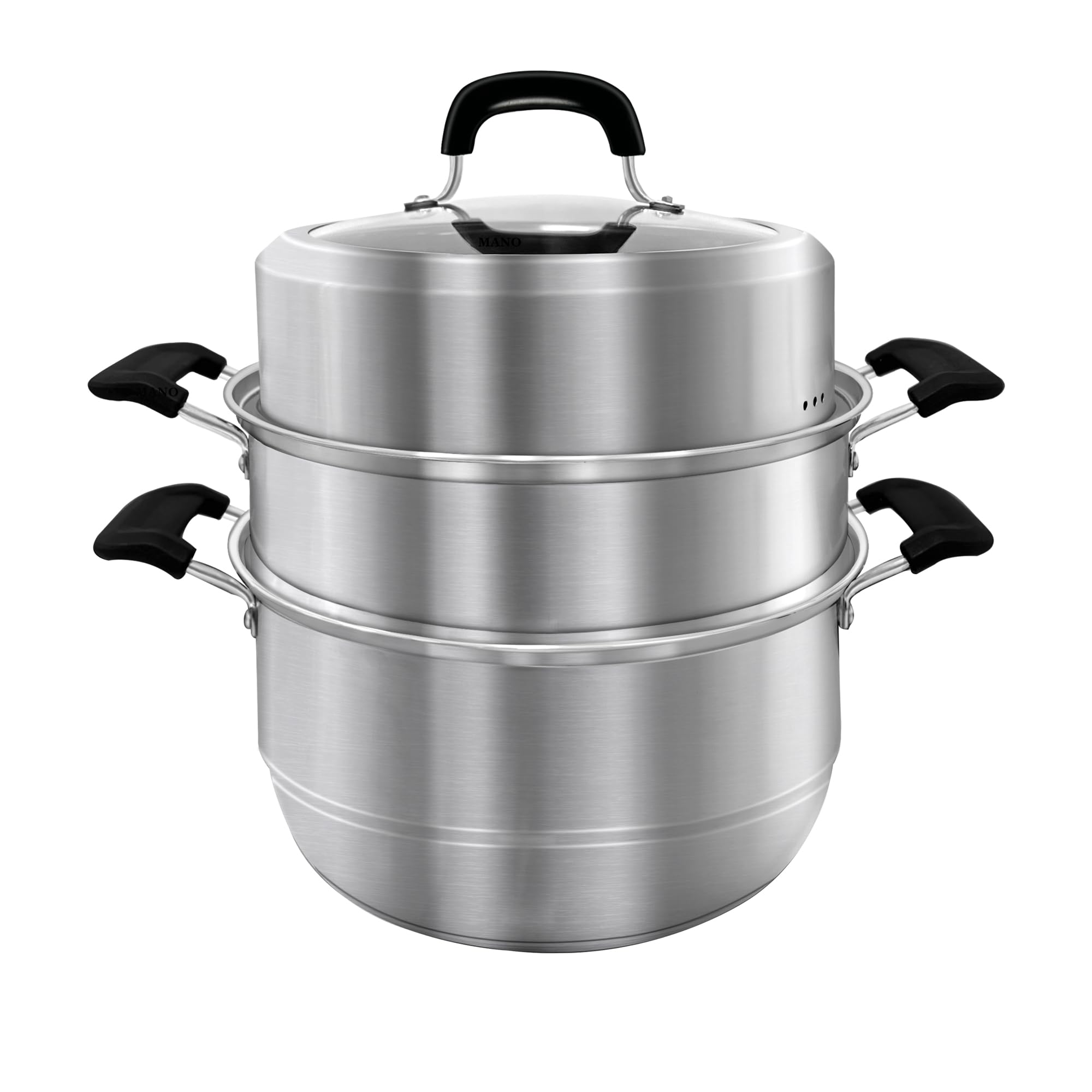 MANO 12.6 Inch Stainless Steel Steamer Pot with Lid - 2-Tier Multipurpose Cookware for Vegetables, Dumplings, Stocks & Sauces | Perfect for Asian Cooking, Meal Prep & Healthy Steam Cooking at Home