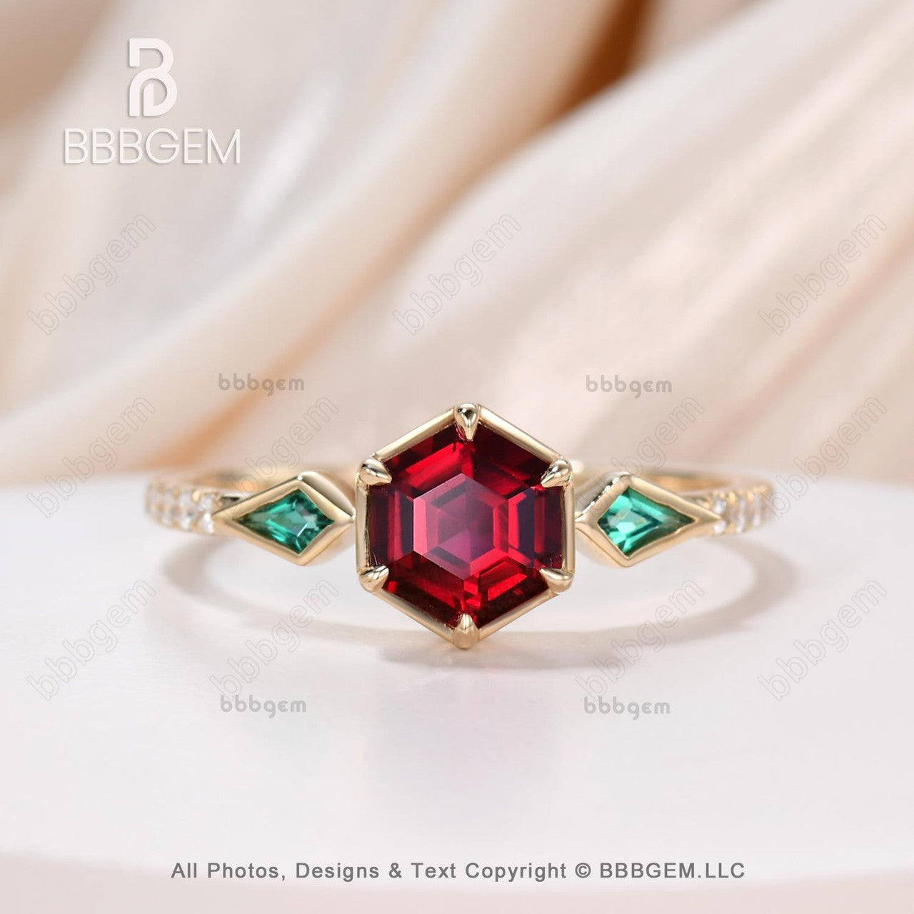 Unique Hexagon Garnet and Emerald Engagement Ring - Bezel Set Rose Gold Wedding Band for Women - Perfect for Proposals, Anniversaries, and Special Occasions
