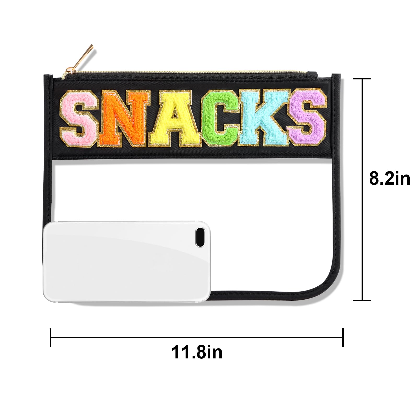 Clear Snack Bag with Chenille Letter & Zipper - Travel-Friendly Nylon Pouch for Snacks, Cosmetics & Toiletries | Perfect for Women's Travel, Gym, School & Daily Organization (Black)