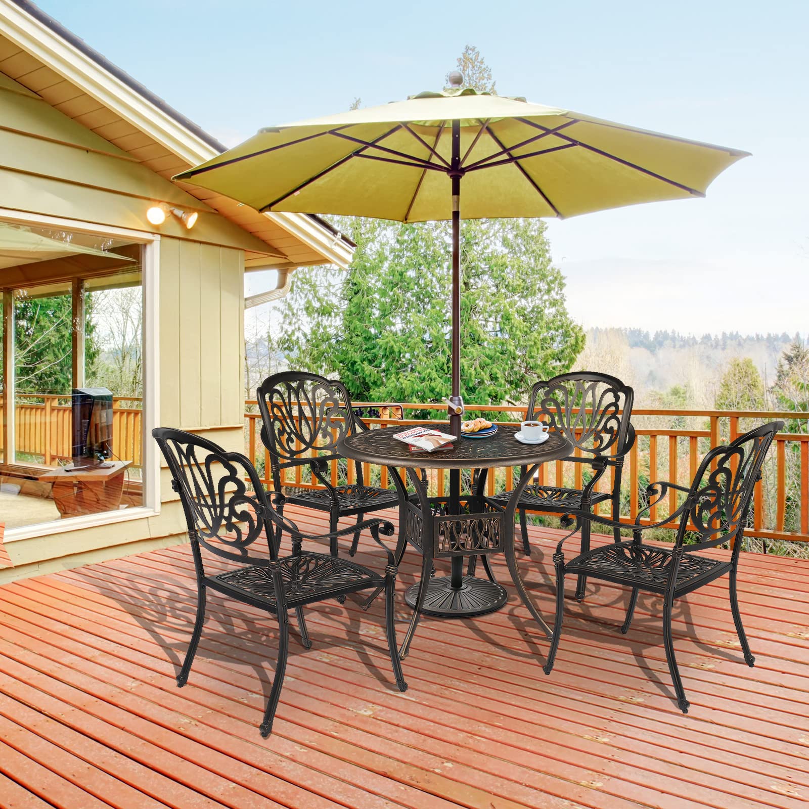 VINGLI 35.4 Inch Round Patio Dining Table with Umbrella Hole - Durable Cast Aluminum Outdoor Bistro Table for Garden, Backyard, Poolside - Weather-Resistant Outdoor Furniture (35.4