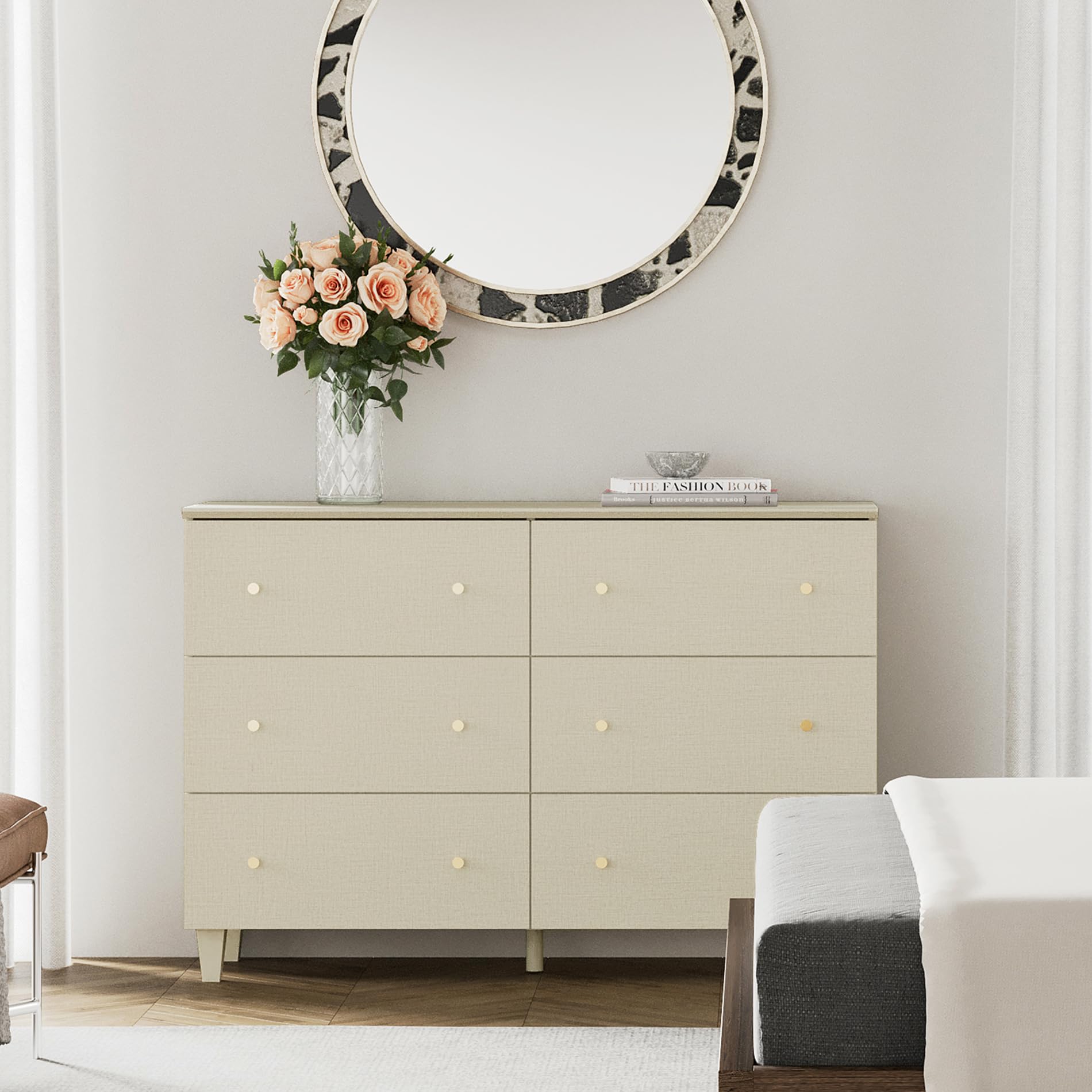 WAMPAT 6-Drawer Dresser for Bedroom - Solid Wood Kids Dresser with Wide Storage Chest, Beige Modern Closet Organizer Furniture for Living Room, Hallway & Nursery - Perfect for Home Organization and Child's Room Storage