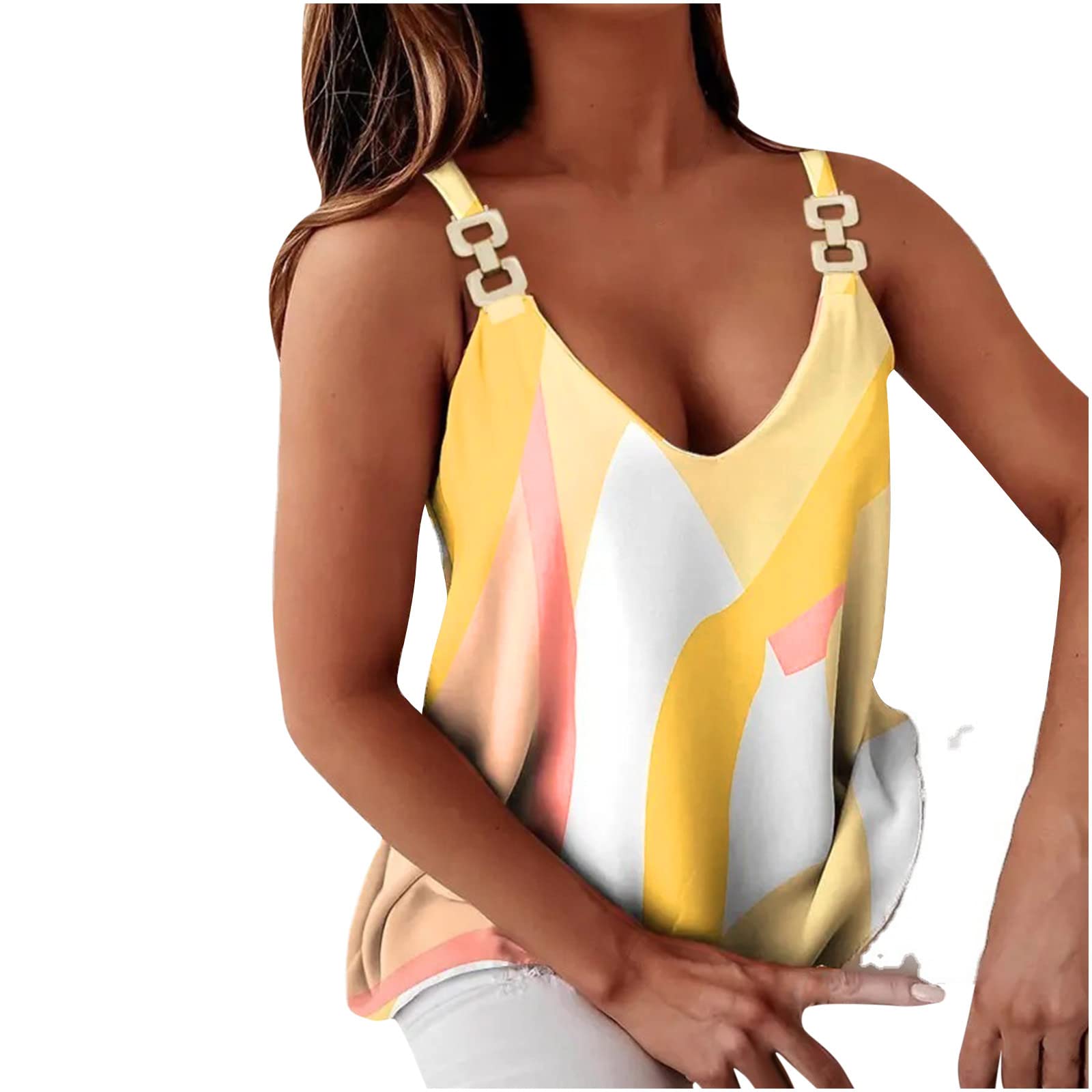 Women's Printed V-Neck Sleeveless Tank Top - Fashion Casual Blouse with Chain Detail - Perfect for Summer, Beach, and Everyday Wear