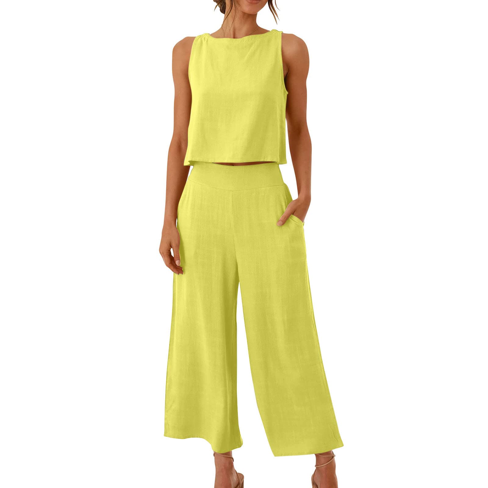 Women's Linen Lounge Set - Breathable Summer Matching Crop Top & Wide Leg Pants with Pockets | Casual Outfit for Beach, Vacation & Home Relaxation