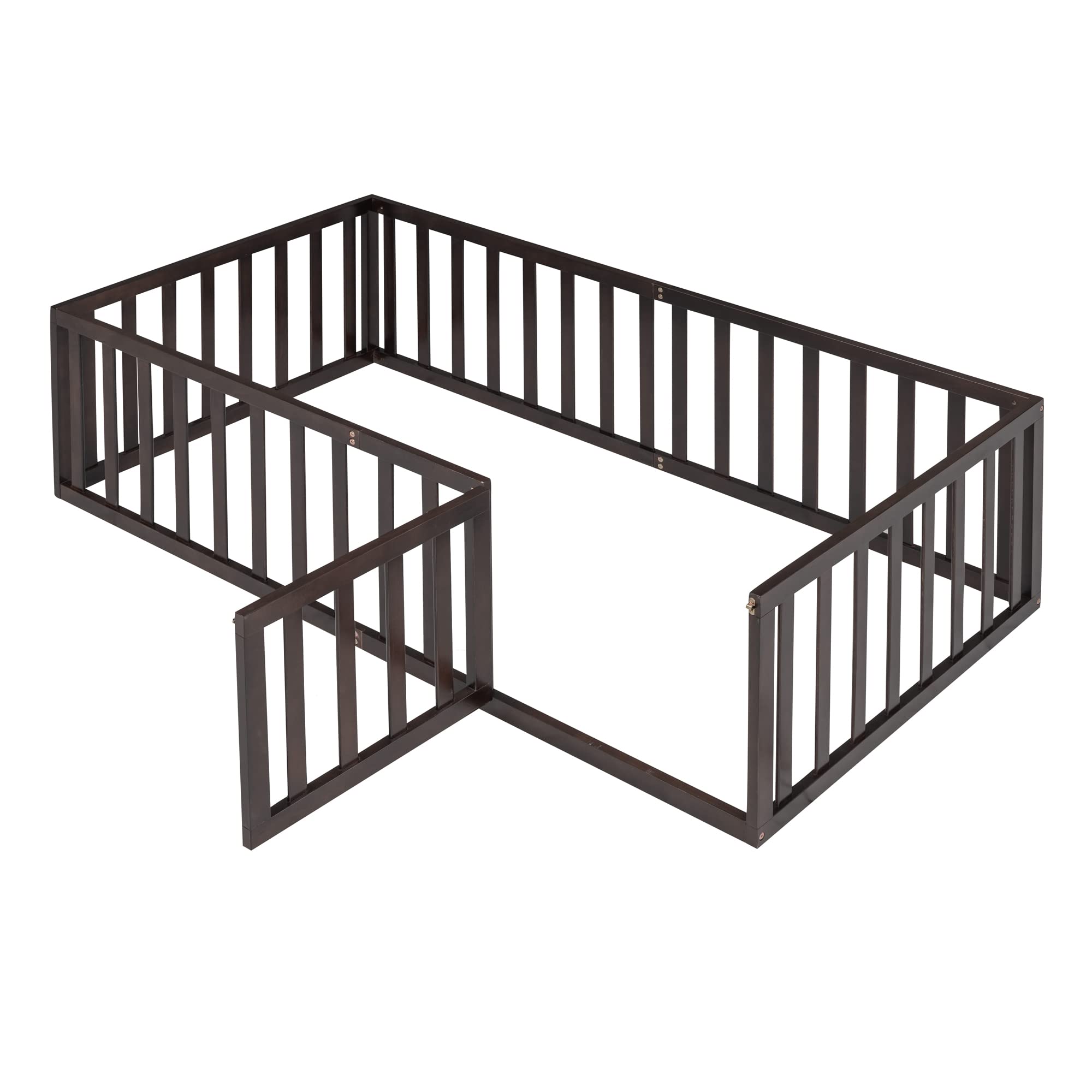 **MERITLINE Twin Size Wooden Bed Frame with Safety Fence for Kids Over 6 Years | Montessori Floor Bed with Door | Easy Assembly | No Box Spring Needed (Walnut) | Perfect for Kids' Bedroom, Playroom & Montessori Learning Spaces**