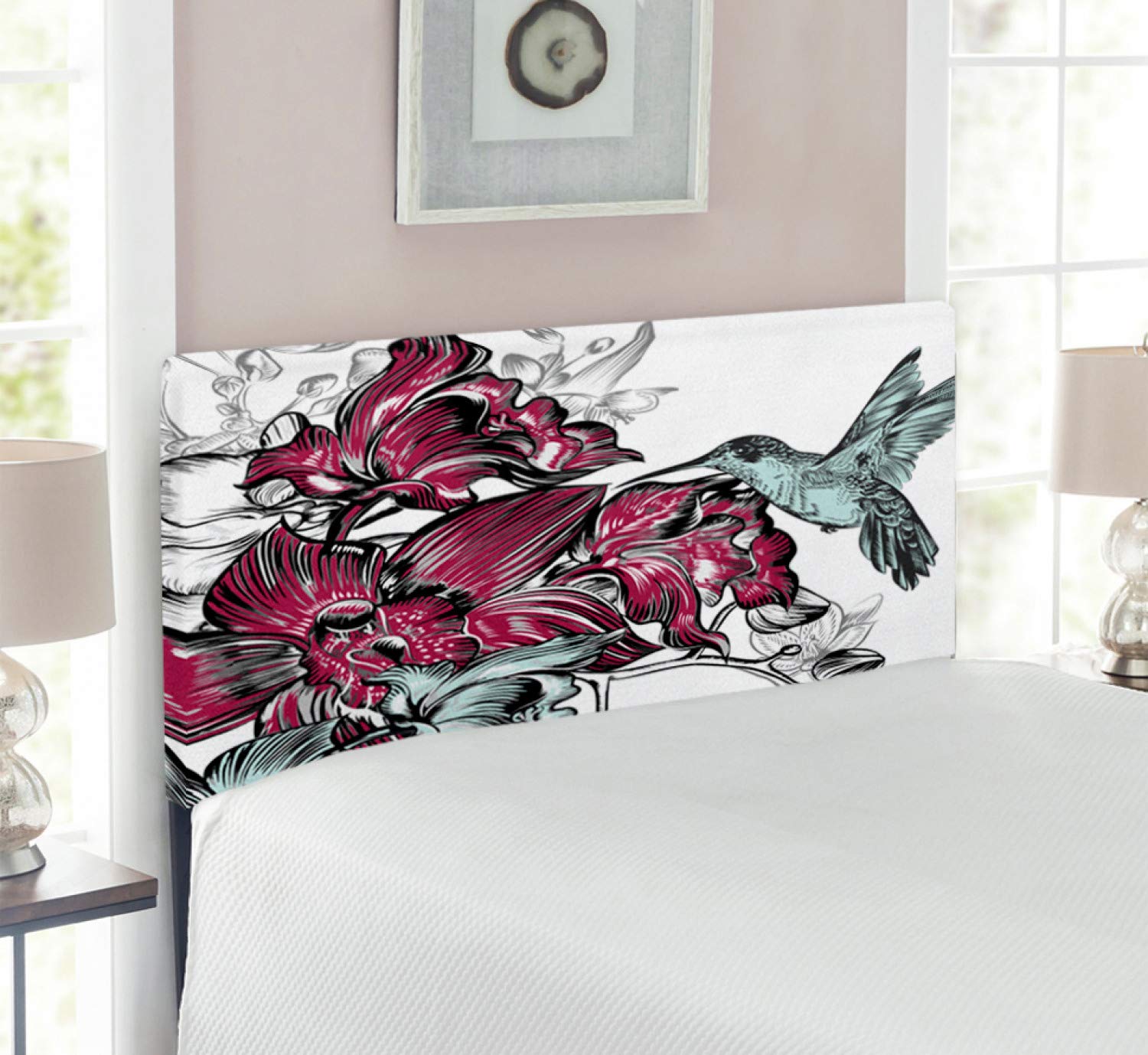 Ambesonne Hummingbird Headboard with Orchid Flowers Bouquet - Nature Wildlife Design Upholstered Metal Bed Headboard with Memory Foam - Twin Size Burgundy - Perfect for Bedroom Decor and Wildlife Theme Rooms