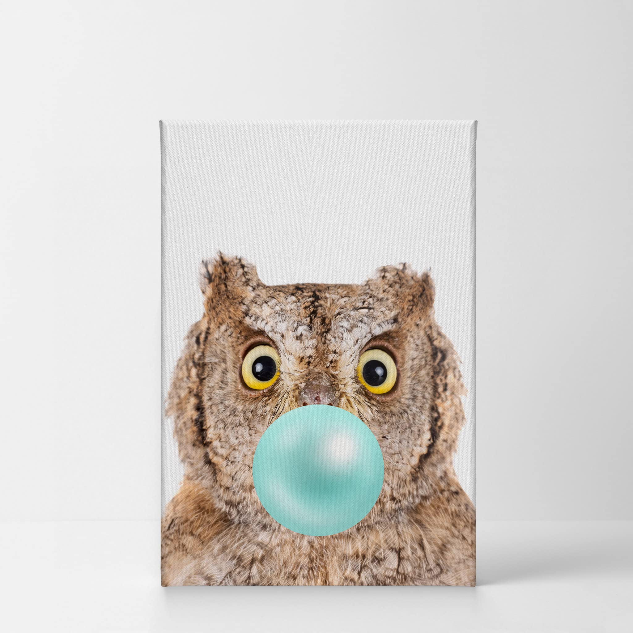 Eurasian Scops Owl Chewing Blue Bubble Gum Canvas Wall Art Print - Pop Art Animal Portrait for Office, Living Room, Bedroom & Nursery Decor (22x15 inches) | Unique Safari-Themed Home Decor for Kids Rooms & Modern Spaces