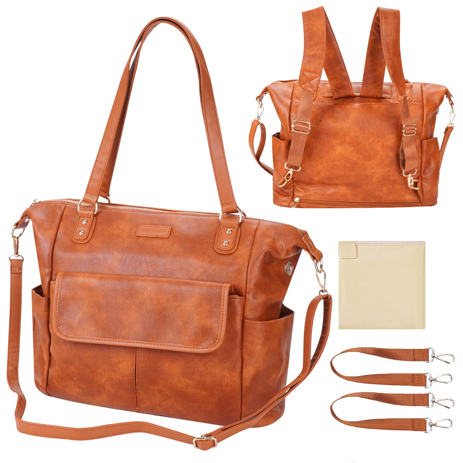 Johomviin Stylish Leather Diaper Bag Backpack for Moms & Dads - Large Waterproof Baby Travel Tote with Multiple Pockets | Perfect for Daycare, Family Outings & Airplane Travel with Toddlers