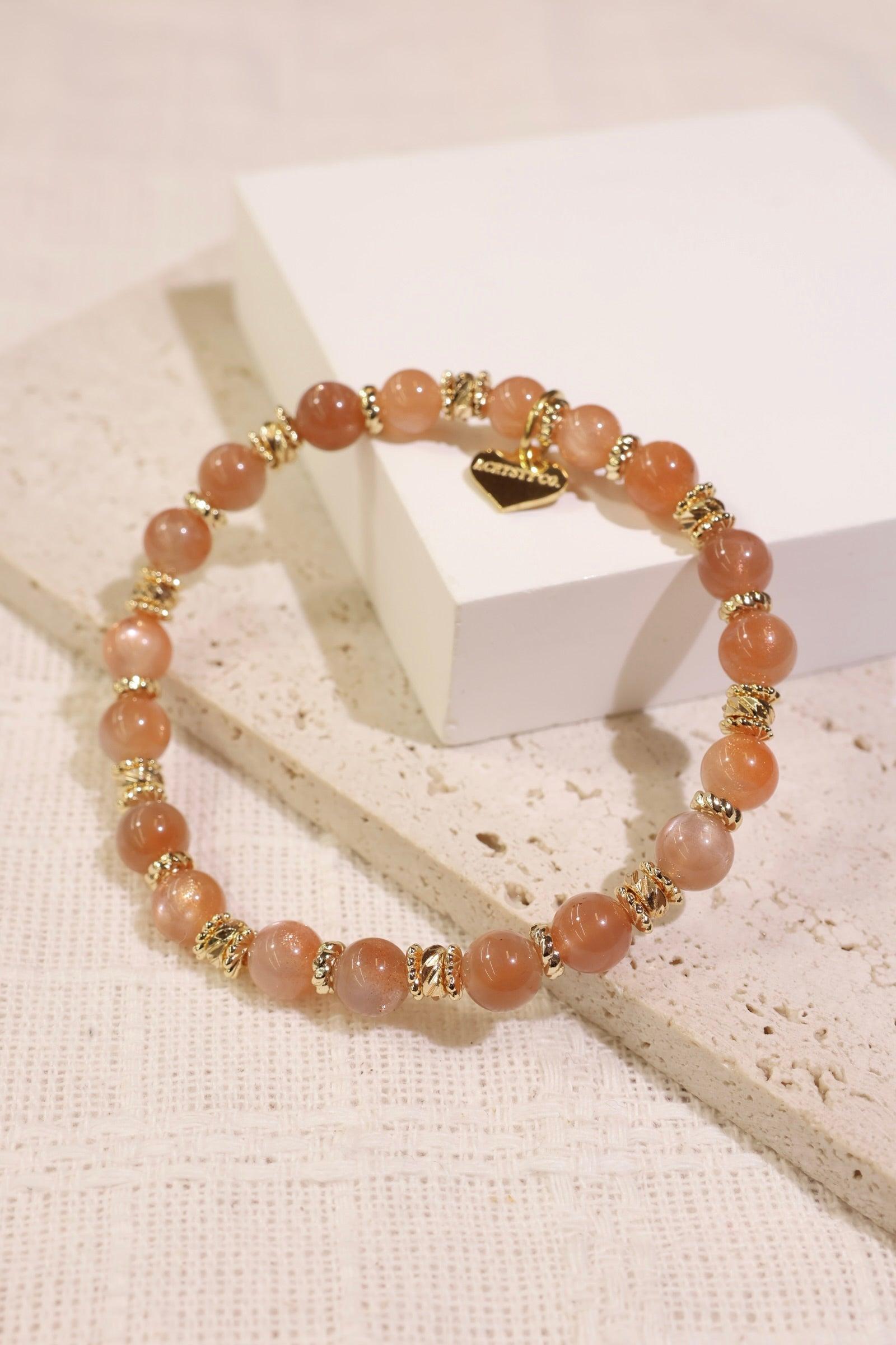 Premium Confetti Peach Moonstone Bracelet for Women - Natural Gemstone Beaded Stretch Bracelet - Boho Chic Jewelry for Everyday Wear, Gift Giving & Special Occasions