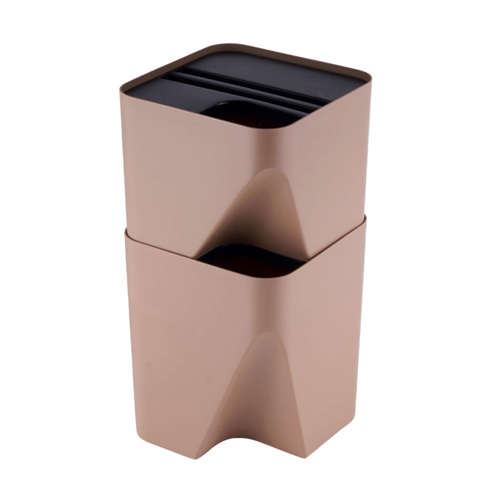 Stackable Plastic Trash Can with Lid - 2.6 & 3.9 Gallon Household Waste Bin - Brown Square Garbage Can for Kitchen, Bathroom, Office & Outdoor Use (Set of 2: 10L + 15L)