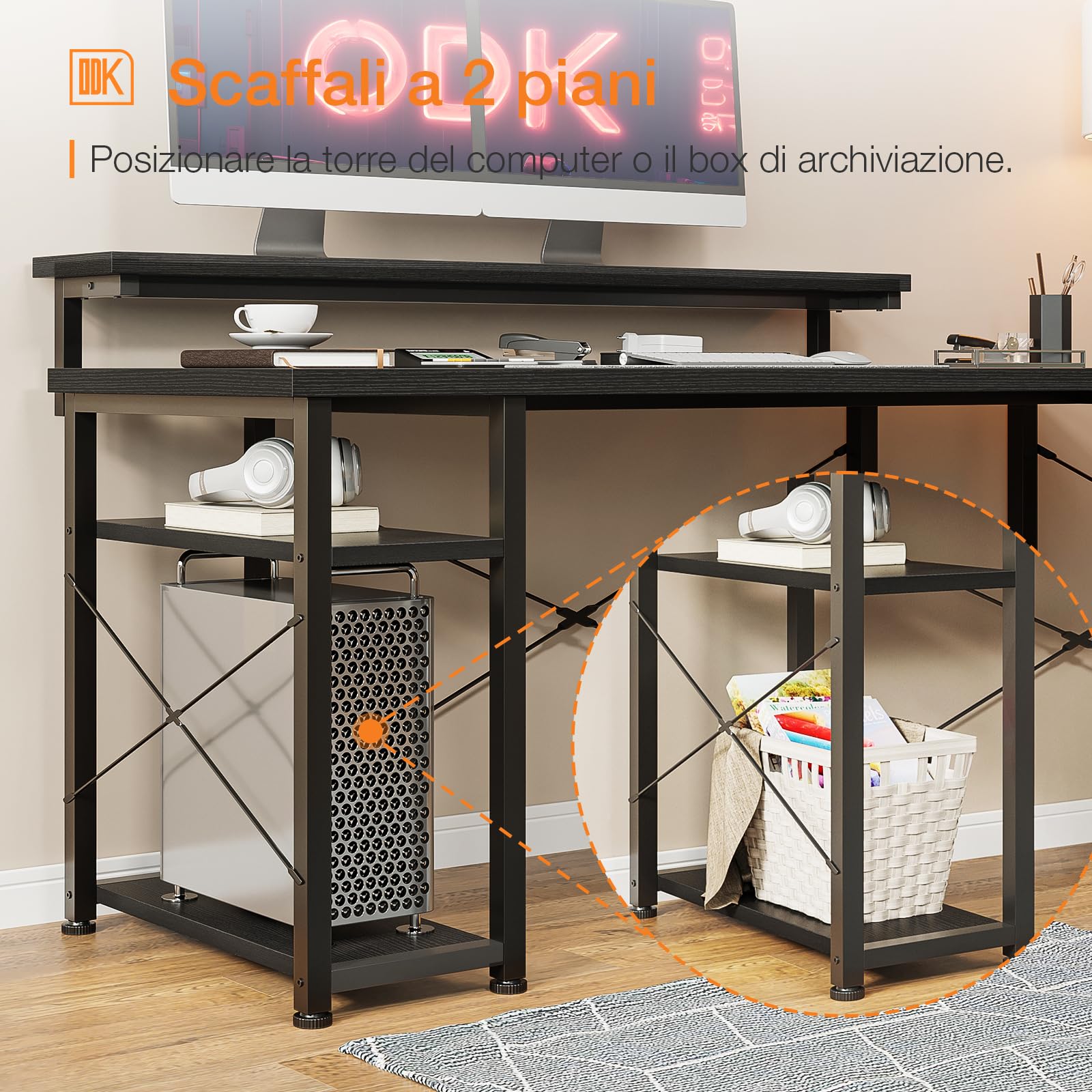 ODK L-Shaped Computer Desk with Monitor Stand, Black 155×140cm - Perfect for Home Office, Gaming Setup & Small Spaces