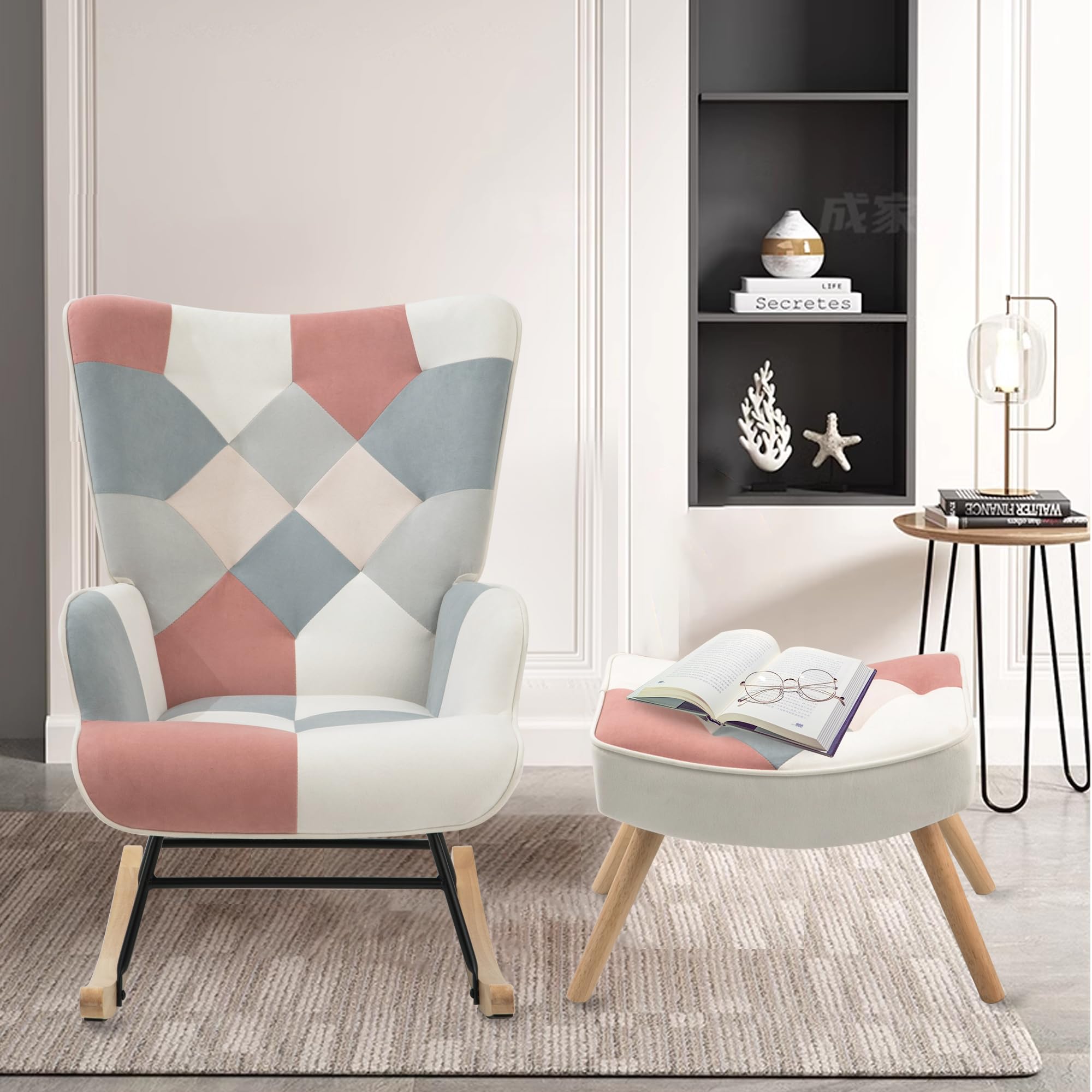 Patchwork Pink Upholstered Rocking Chair with Ottoman - High Backrest Glider Accent Chair for Nursery, Living Room & Bedroom - Comfy Small Side Armchair for Relaxing, Nursing & Reading
