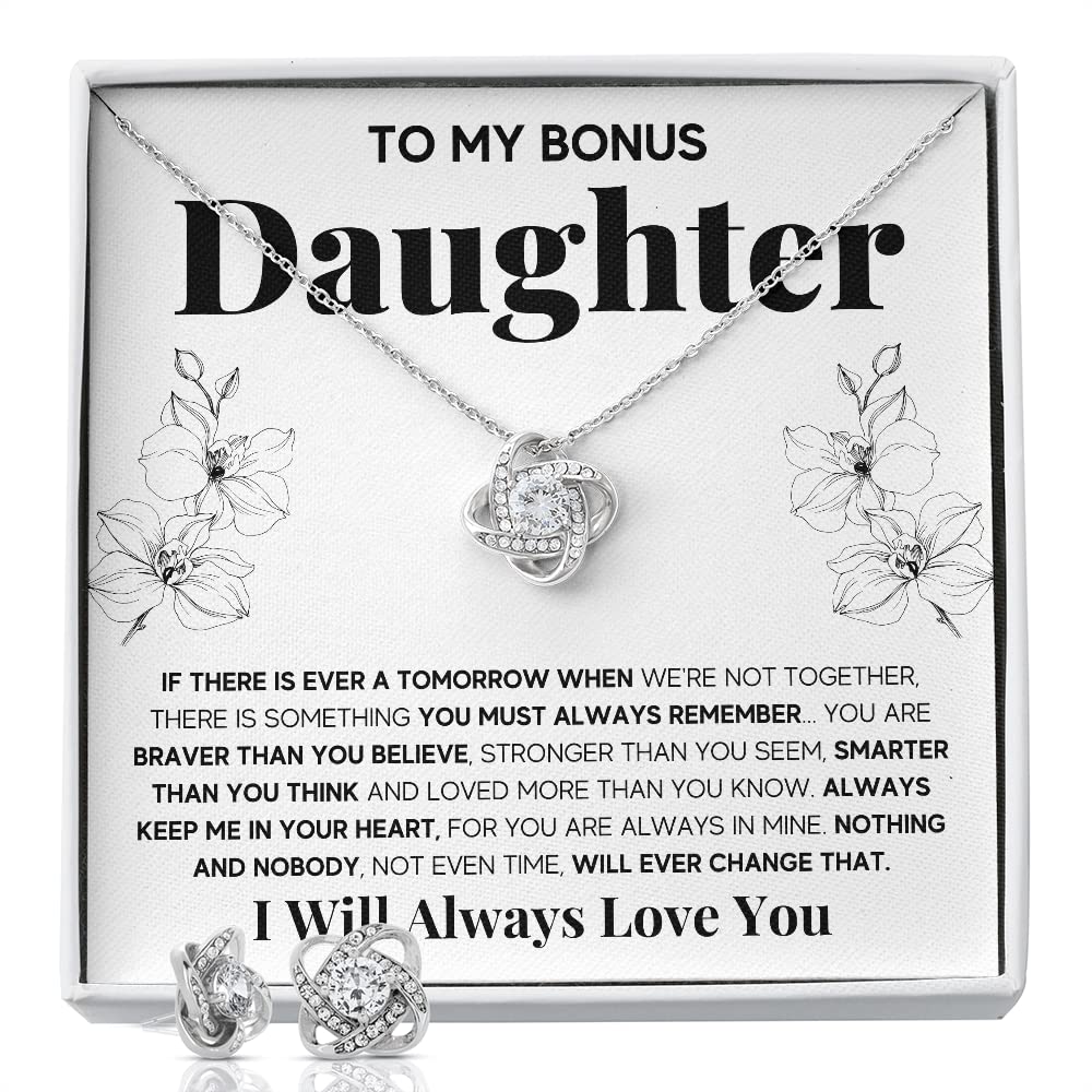 OC9 Gifts Bonus Sterling Silver Love Knot Necklace & Earrings Set for Daughter - Birthday, Graduation, Christmas Gift with Message Card & LED Jewelry Box - Perfect for Stepdaughter, Goddaughter, Special Occasions & Everyday Wear