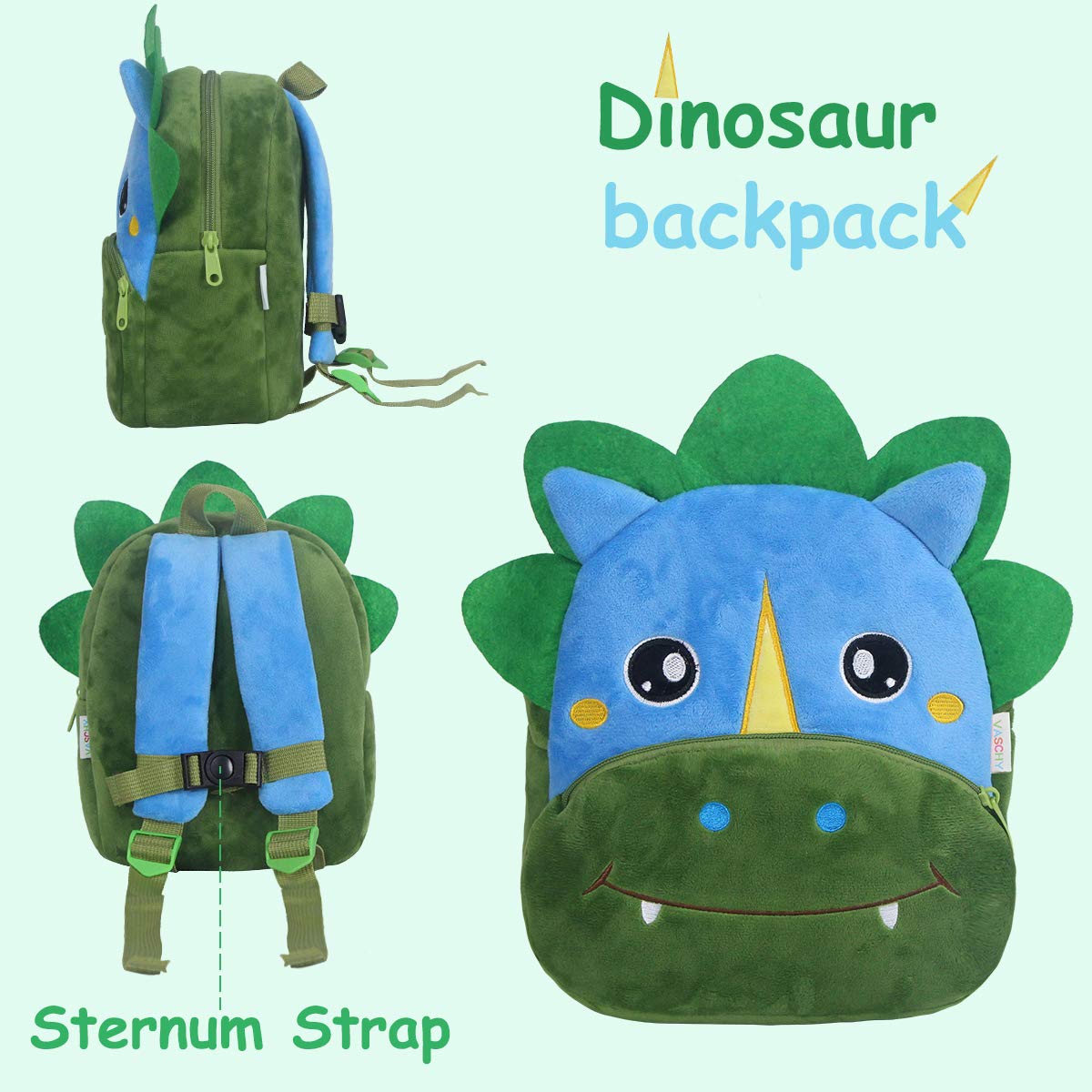 VASCHY Cute Plush Animal Toddler Backpack for Boys & Girls - Dinosaur Design Small Daycare Backpack for Little Kids | Perfect for Preschool, Travel & Daily Use