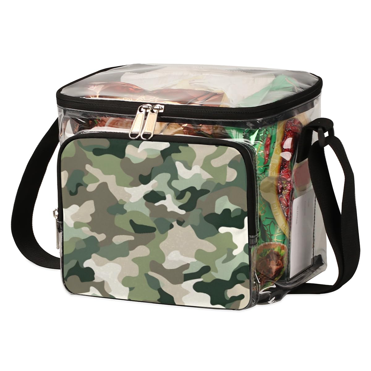Military Camouflage Clear Tote Bag with Handles - Green Transparent Crossbody Shoulder Bag for Outdoor, Travel, Picnic, Concerts & Sports Events - Stadium Approved Lunch Bag for Camping, Hiking, Beach & Festivals