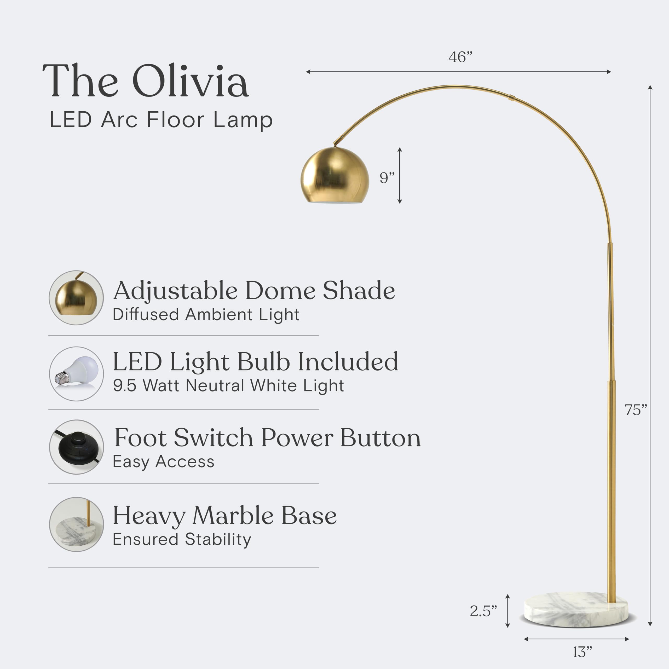Brightech Olivia Arc Floor Lamp - Modern LED Standing Lamp for Living Room, Bedroom & Office - Adjustable Tall Lamp with Brass/Gold Finish - Perfect for Reading, Working & Home Decor