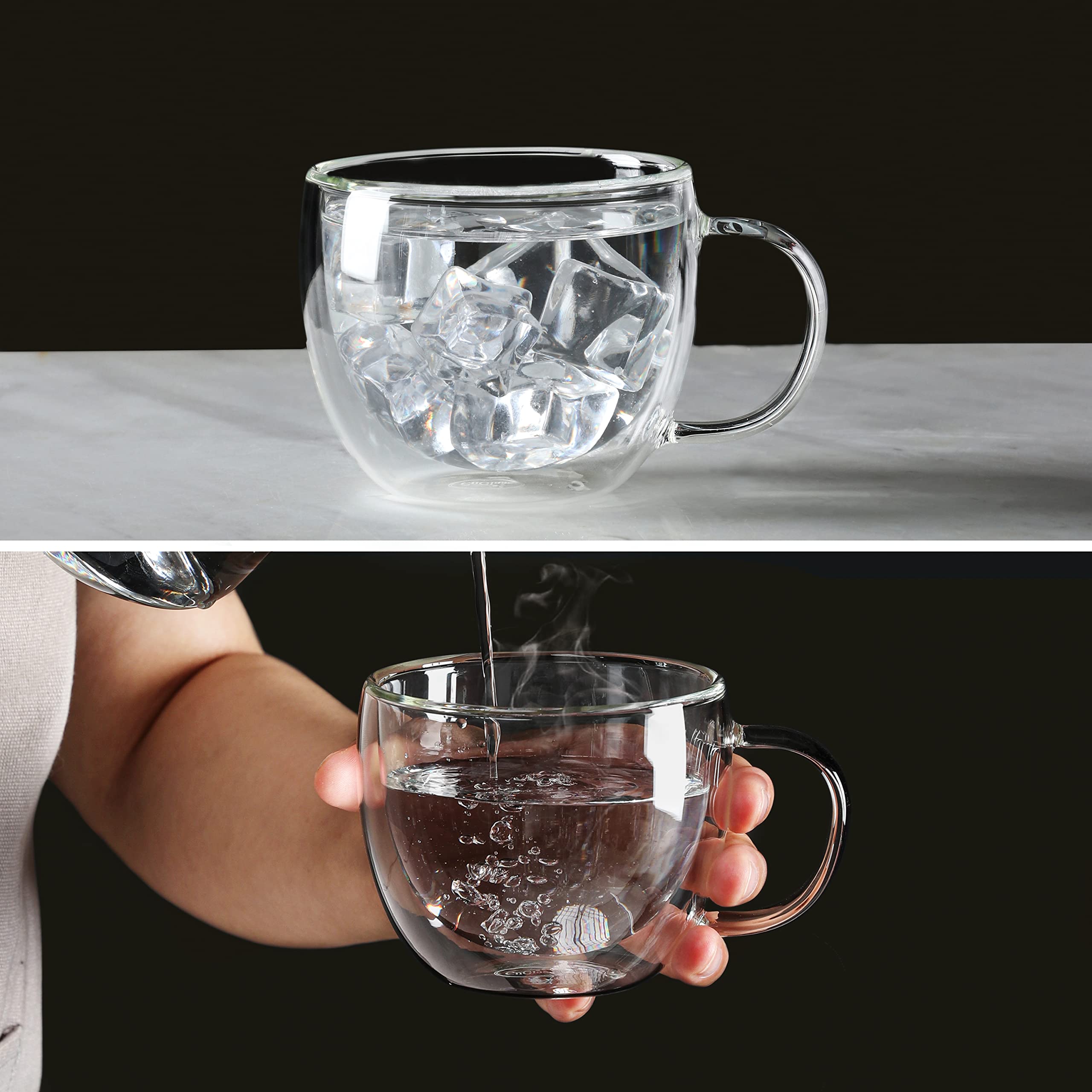 CNGLASS Double Wall Insulated Glass Coffee Mugs 8.1oz (Set of 2) - Clear Thermal Espresso Cups with Handle for Hot/Cold Drinks - Perfect for Cappuccino, Latte, Tea at Home, Office or Cafe