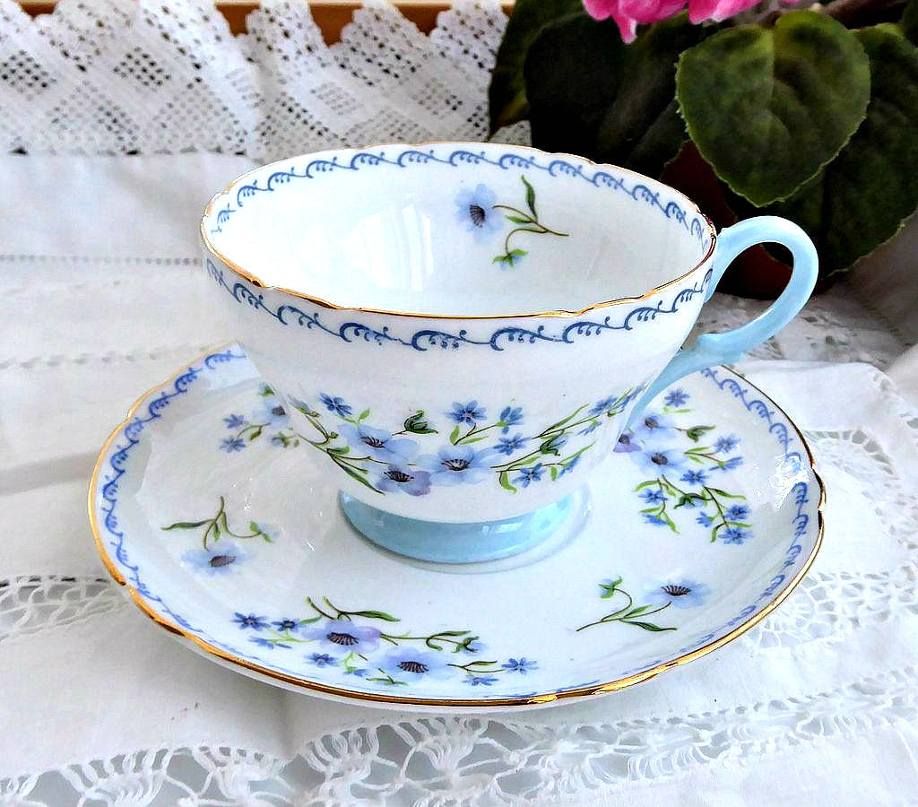 Vintage Shelley Blue Rock Cup and Saucer Set - Henley Shape with 1950s Scroll Border - Perfect for Afternoon Tea, Collectible China, and English Cottage Decor