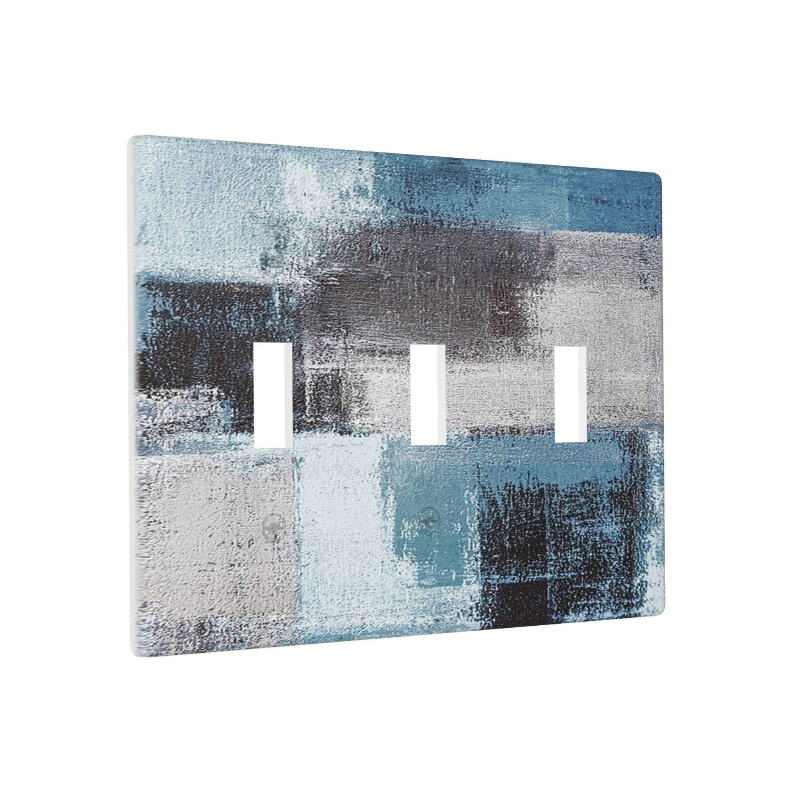 Abstract Blue Gray Black Triple Toggle Light Switch Cover - Decorative 3 Gang Wall Plate for Living Room, Bedroom - 4.5