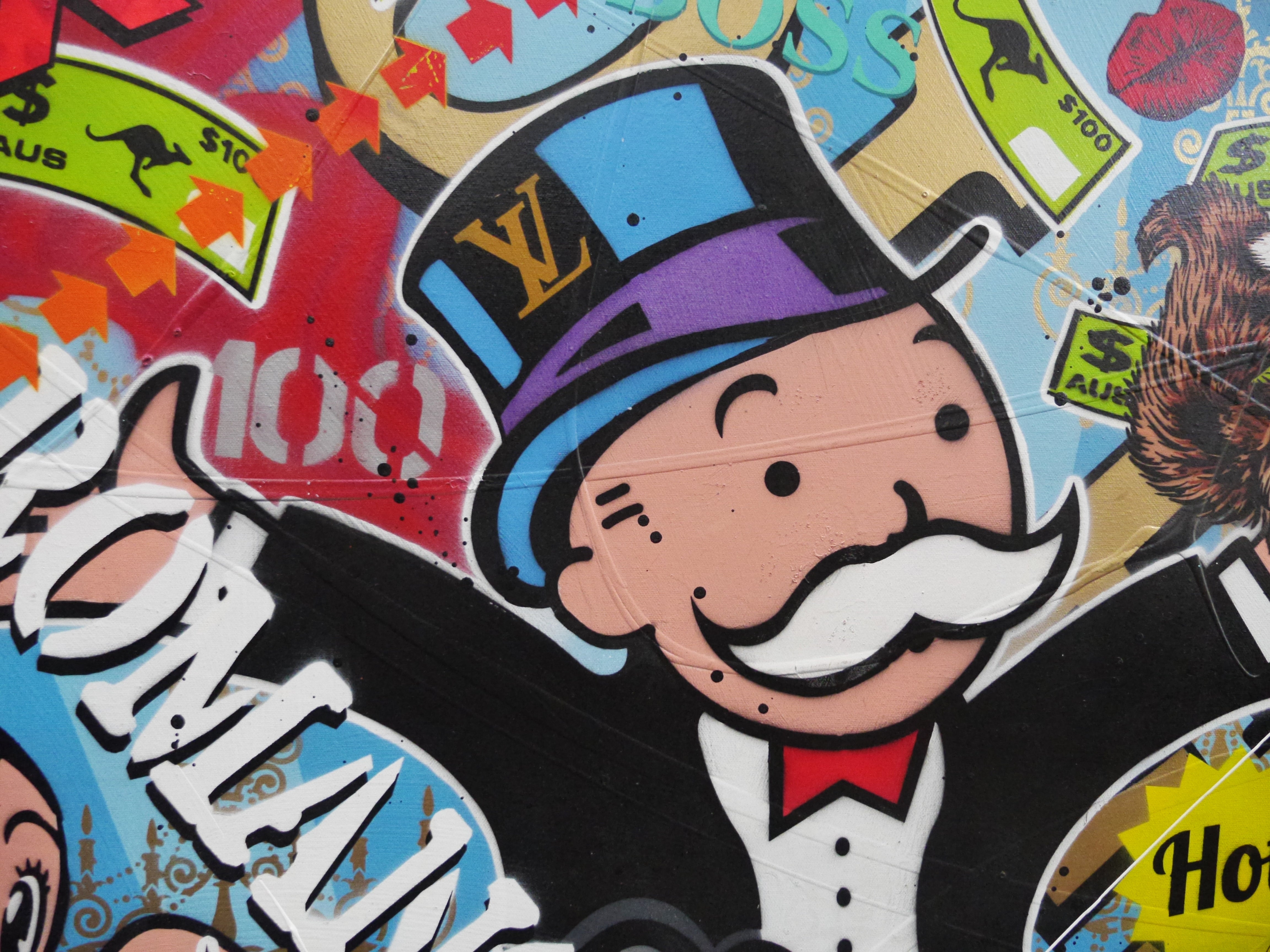Monopoly Man Textured Urban Pop Art Painting - 120cm x 150cm Money Bags Wall Decor for Game Room, Office & Modern Home