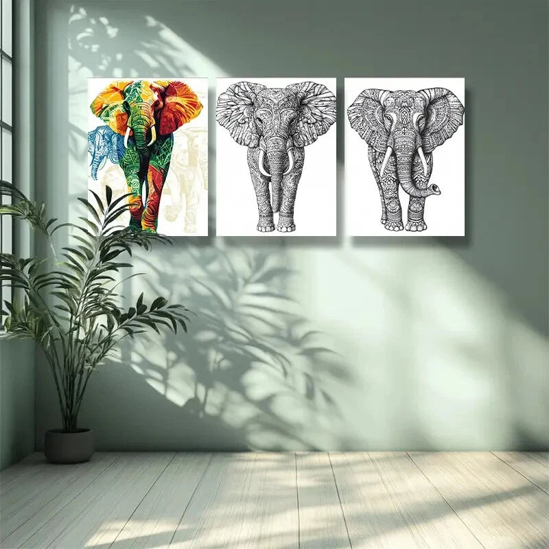 3-Piece Stylized Elephant Metal Wall Art - Ready to Hang Modern Home Decor for Living Room, Bedroom & Office - Unique Handmade Animal Painting for Contemporary Interior Design