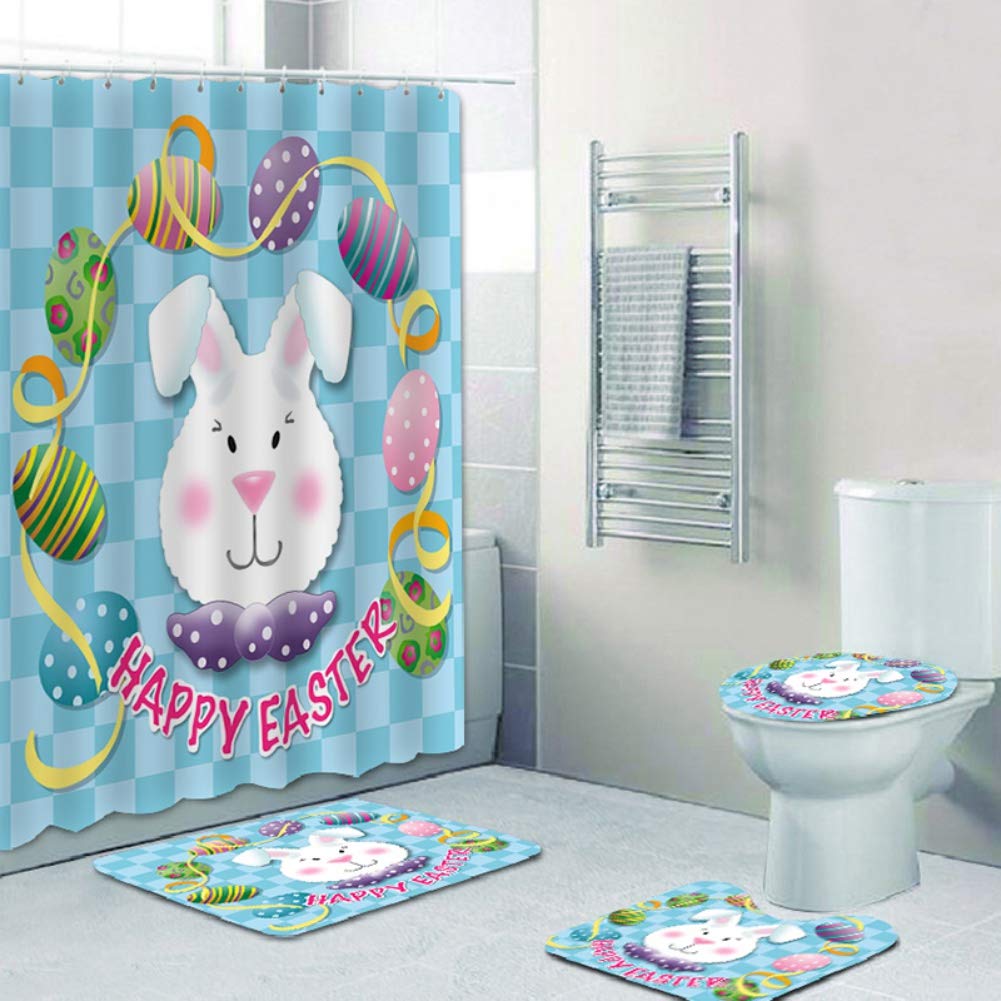 4Pcs Easter Shower Curtain Sets - Waterproof Polyester Bathroom Decor with Cute Bunny & Egg Design | Perfect for Easter Home Decor, Spring Bathroom Upgrade & Holiday Gift