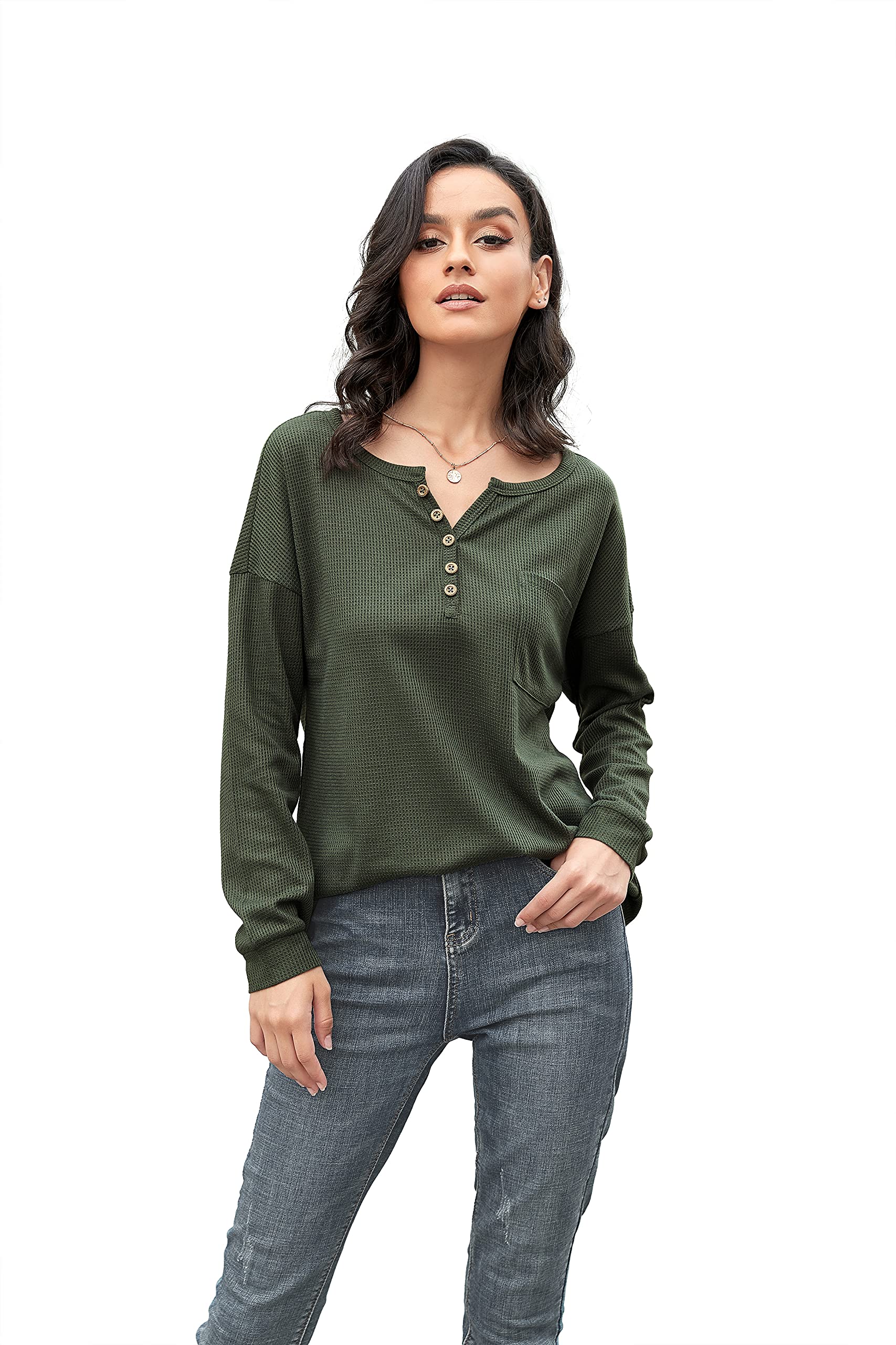 Iandroiy Women's Long Sleeve V-Neck Button Down Blouse - Waffle Knit Casual Tunic Top Shirt for Work, Date Night & Everyday Wear