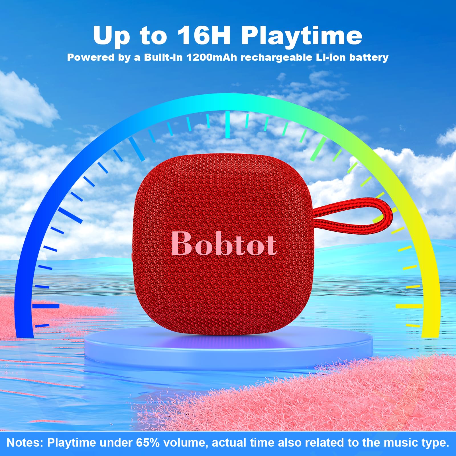 Bobtot Portable Bluetooth Speaker - IPX7 Waterproof, 16H Playtime, 10W Stereo Sound, TWS, Built-in Mic, Mini Size with Lanyard, Red - Perfect for Shower, Outdoor, and Travel