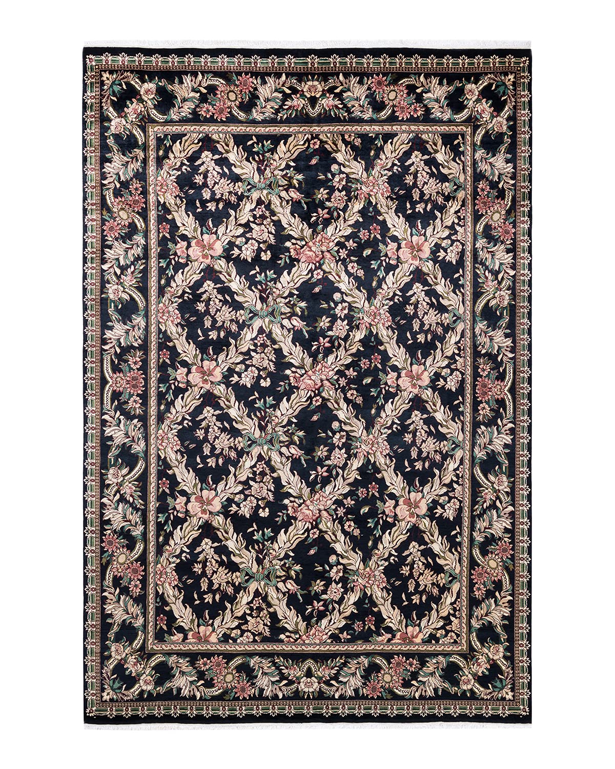 Handmade Wool Traditional Floral Mogul Black 6x9 Area Rug - One of a Kind Hand Knotted Solo Rugs for Living Room, Bedroom & Home Decor