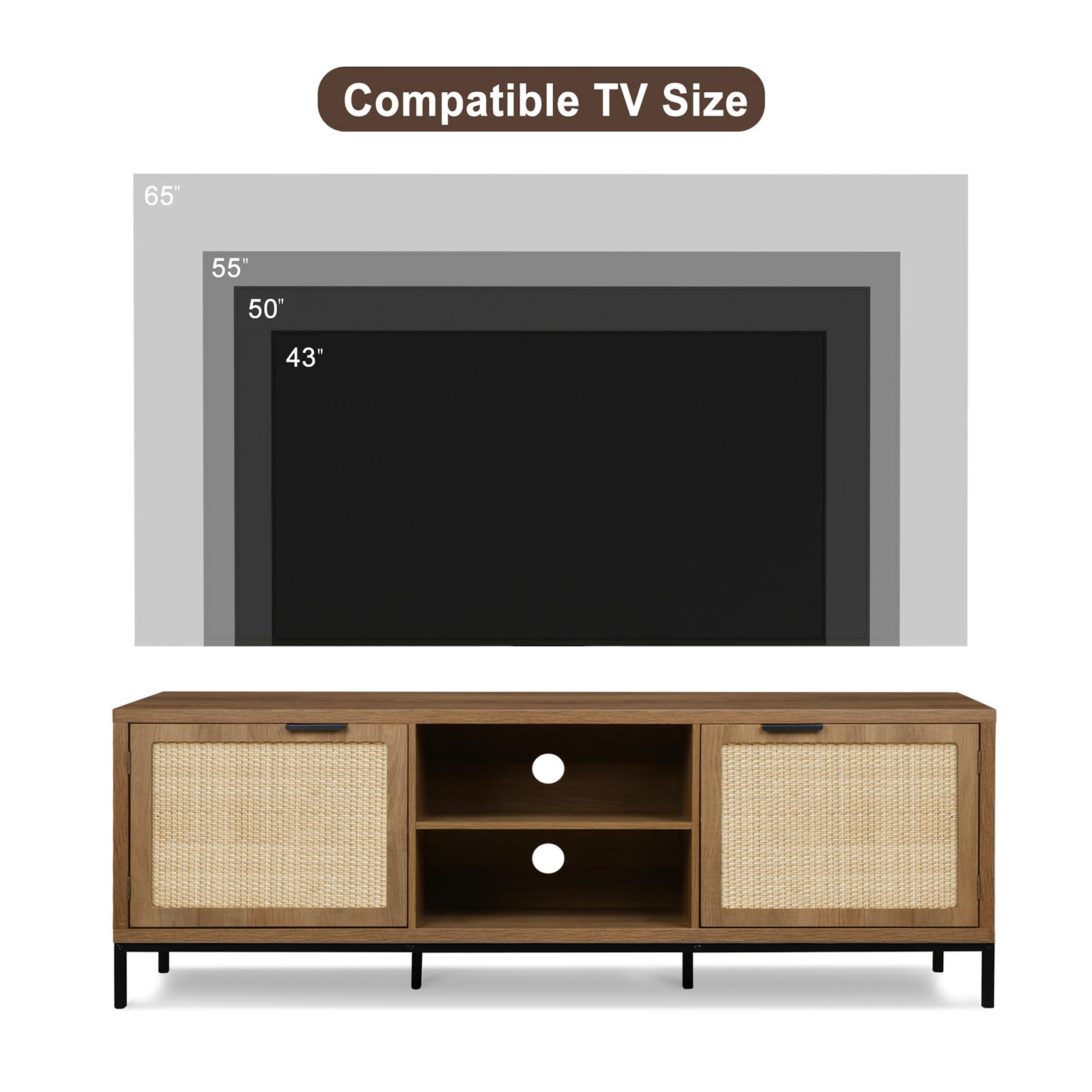 Anmytek Farmhouse Rattan TV Stand for 65 Inch TV - Rustic TV Console Table with 2 Rattan Doors - Modern Entertainment Center for Living Room & Bedroom - Perfect for Farmhouse Decor & Cozy Home Theater Setup (H0033)