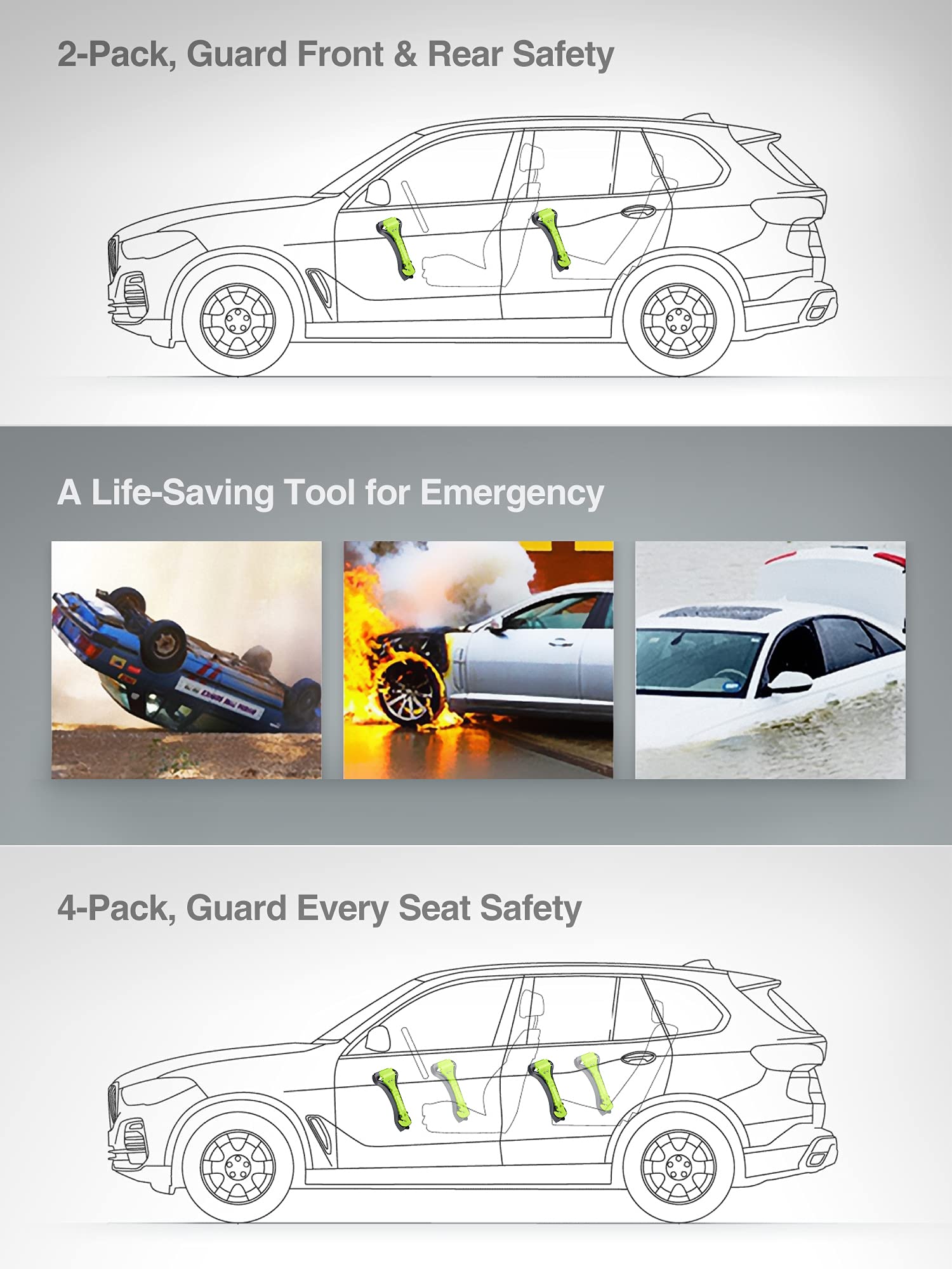 Luxtude 2-in-1 Emergency Car Escape Tool - Glass Breaker & Seatbelt Cutter - Auto Safety Hammer & Window Punch - Life Rescue Kit for Vehicles (Green, 2 Pack) - Perfect for Emergency Roadside Safety & Car Accidents