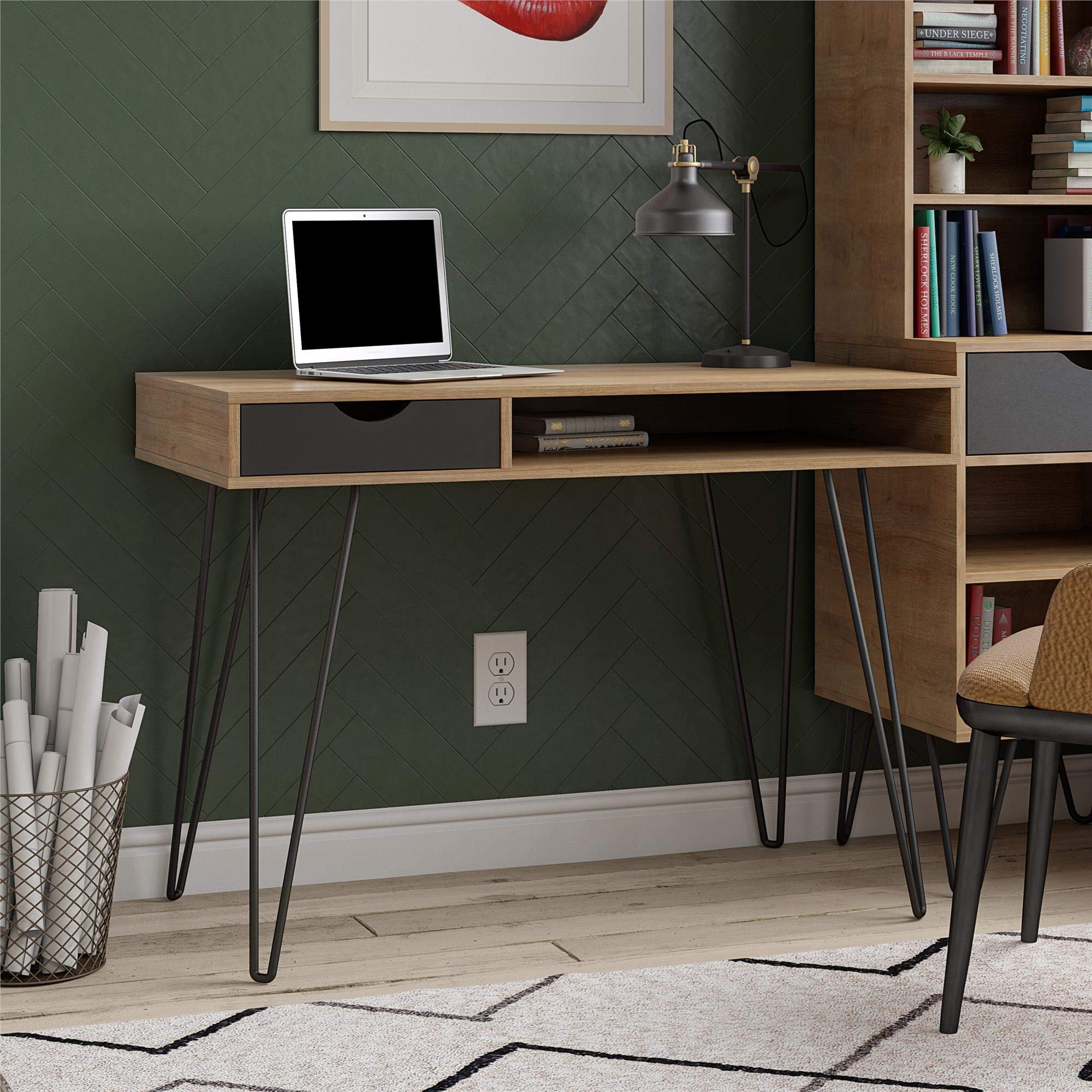 Novogratz Concord Computer Desk with Storage - Natural & Black Wooden Writing Desk for Home Office, Study, or Gaming Setup