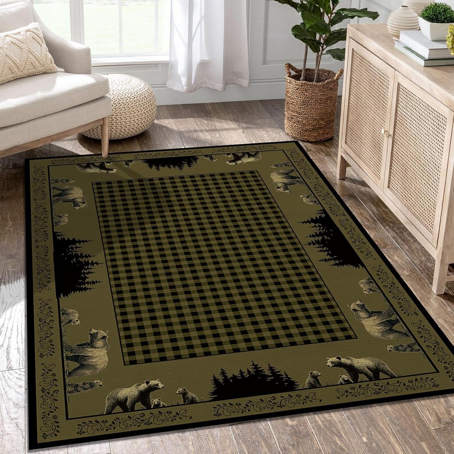 Rustic Bear Rug with Cub Scene - Non-Slip 5x8ft Lodge Decor Cabin Rug | Durable Washable Wildlife Rug for Living Room, Bedroom & Entryway | Perfect Country Home Floor Decor for Cozy Cabins & Hunting Lodges