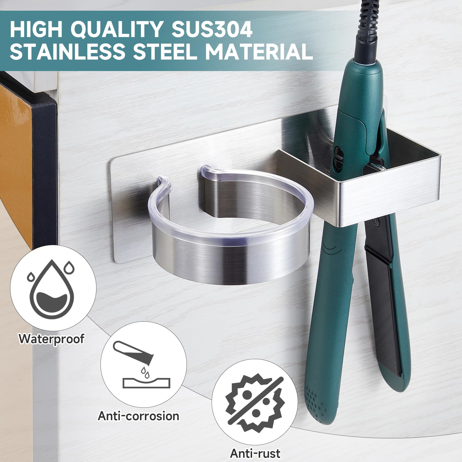 Stainless Steel Hair Dryer Holder & Hair Tool Organizer - Wall Mounted Blow Dryer Stand with Adhesive for Flat Iron, Curling Iron & Hair Styling Tools - Perfect for Bathroom, Salon & Home Organization