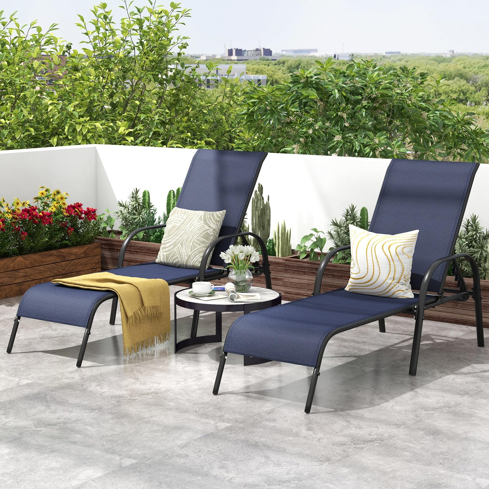 Giantex 2 Pack Adjustable Patio Lounge Chairs - Heavy Duty Steel Frame Outdoor Chaise Lounge with 5-Position Backrest - Perfect for Sunbathing, Beach, Poolside, Backyard & Balcony Relaxation - Navy Blue