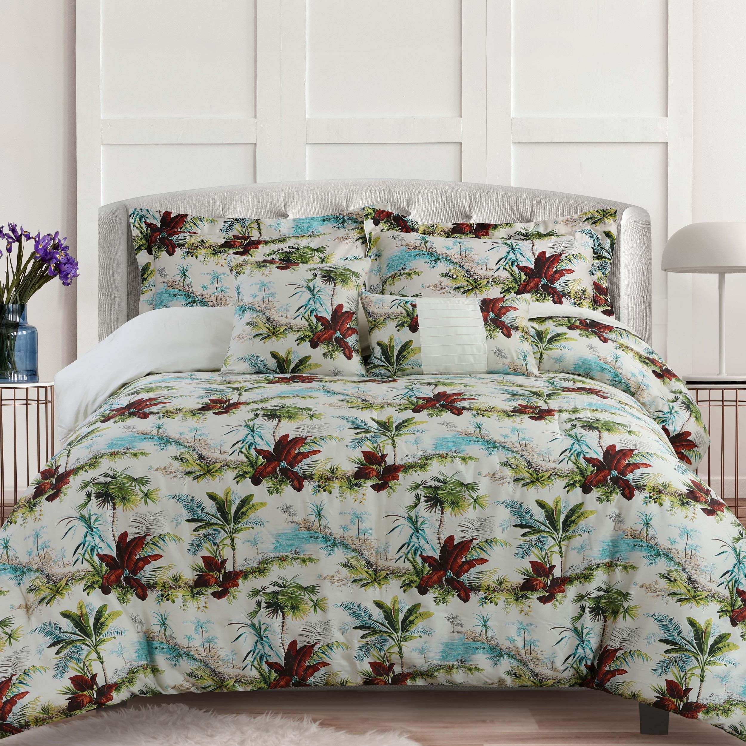 Tribeca Living Floral Print Queen Size Cotton Comforter Set - 5 Piece Oversized Bedding Includes Comforter, Pillow Shams & Decorative Pillows in Paradise Multicolor | Perfect for Master Bedroom, Guest Room & Cozy Home Decor