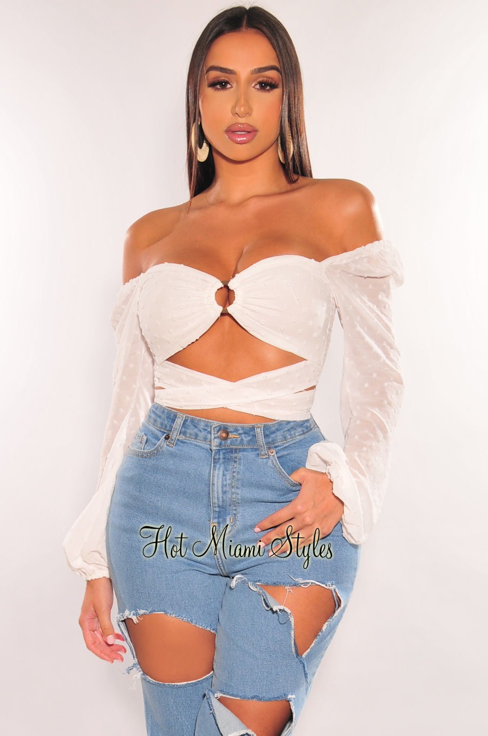 Sexy White O-Ring Cut Out Long Sleeve Wrap Crop Top for Women - Perfect for Clubbing, Date Night & Streetwear Fashion