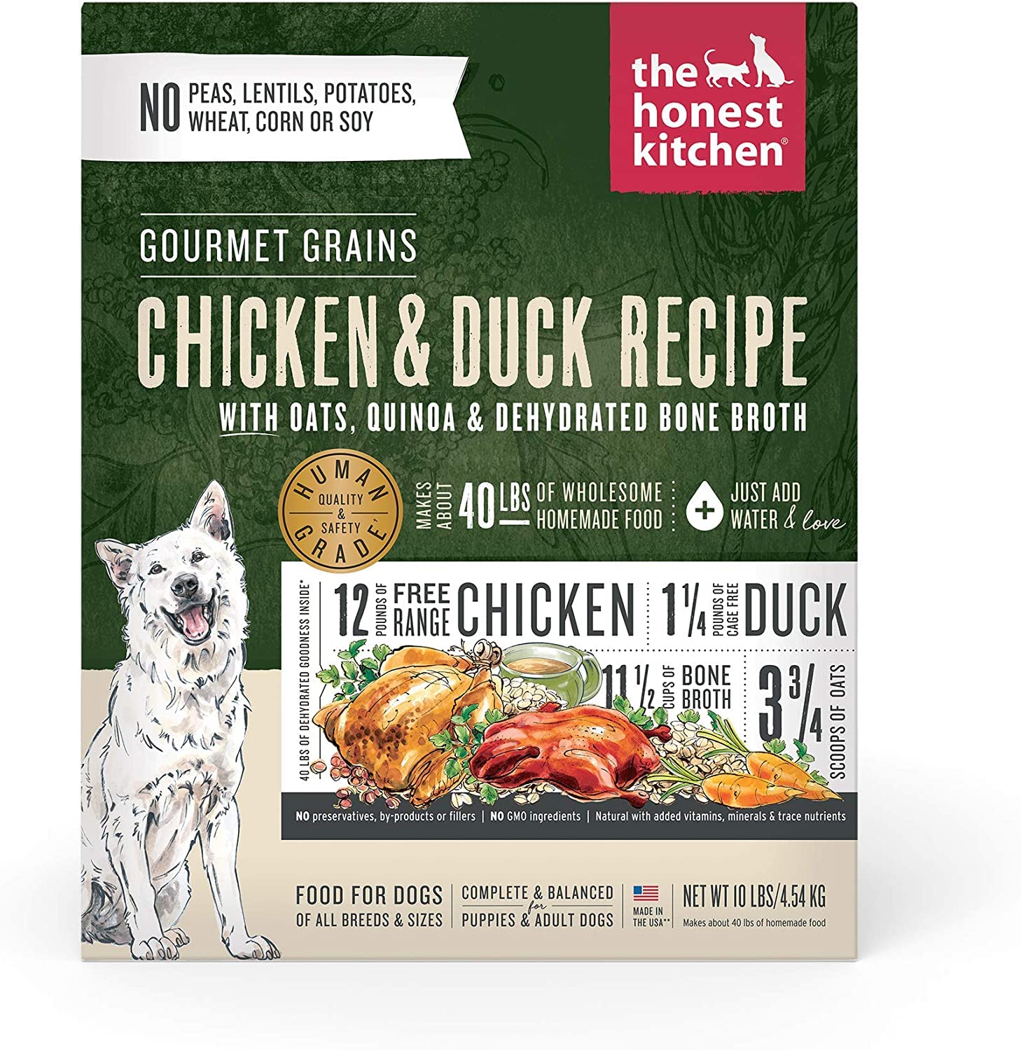 The Honest Kitchen Dehydrated Gourmet Grains Dog Food with Chicken & Duck - 10 lb Bag | 100ct Pet Wipes Included | Healthy Meal for Adult Dogs | Perfect for Travel, Camping & Daily Feeding
