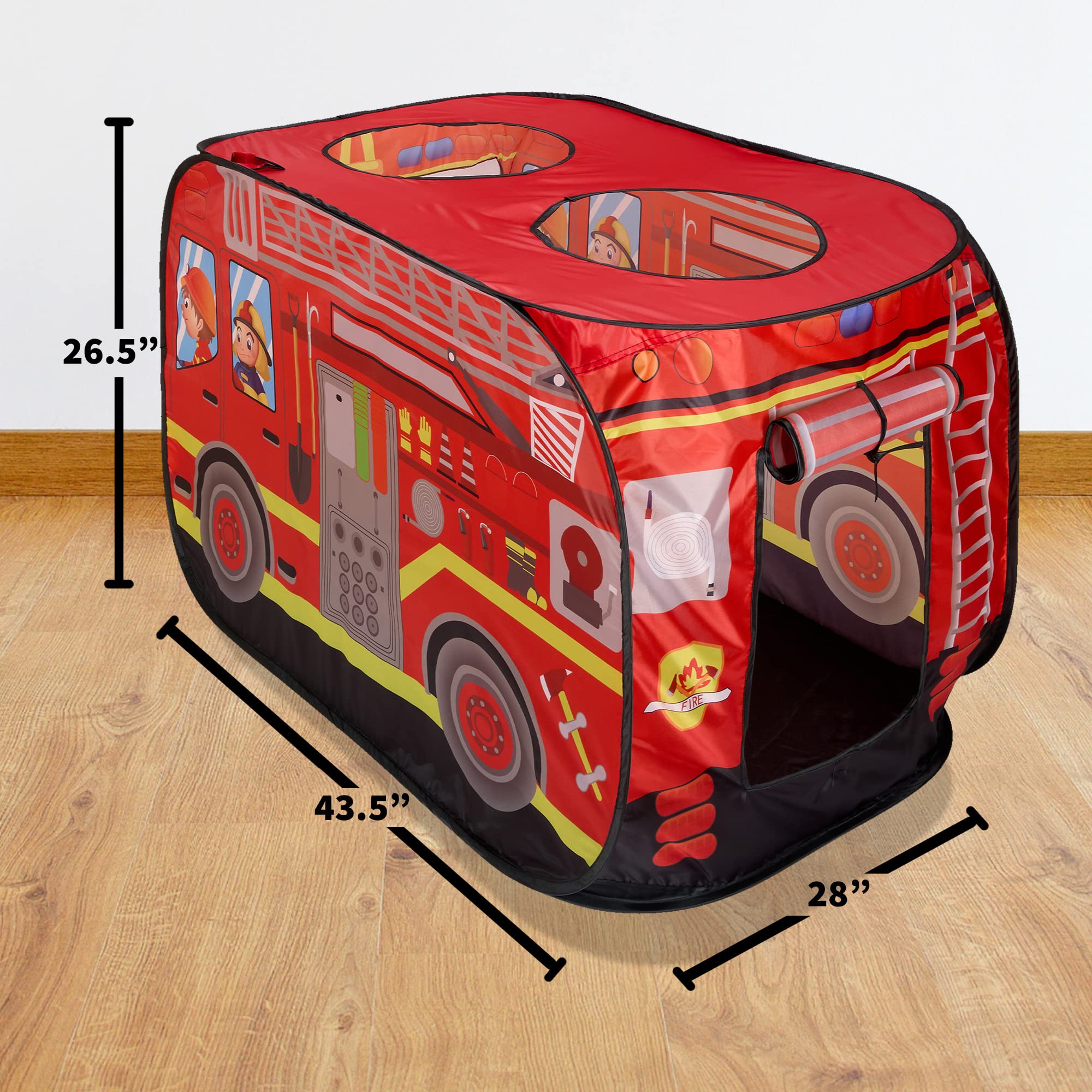 Musical Fire Truck Pop-Up Play Tent with 3 Openings - Firefighter Role Play Tent with Sirens & Fireman Sounds - Indoor & Outdoor Kids Playhouse Toy - Red Fire Engine Vehicle for Pretend Play - Perfect Gift for Birthday, Christmas & Preschool Learning (Great for Imaginative Play, Parties & Daycare Activities)