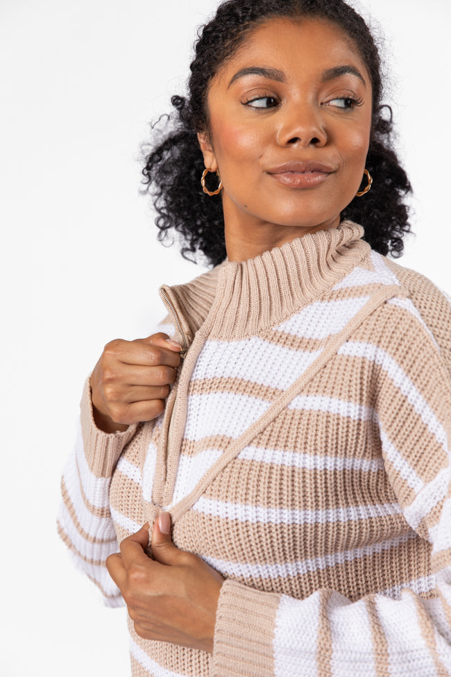 Worth Melting For Beige Striped Color Block Quarter Zip Pullover Sweater | Cozy Winter Knit Top | Perfect for Casual Outfits & Layering